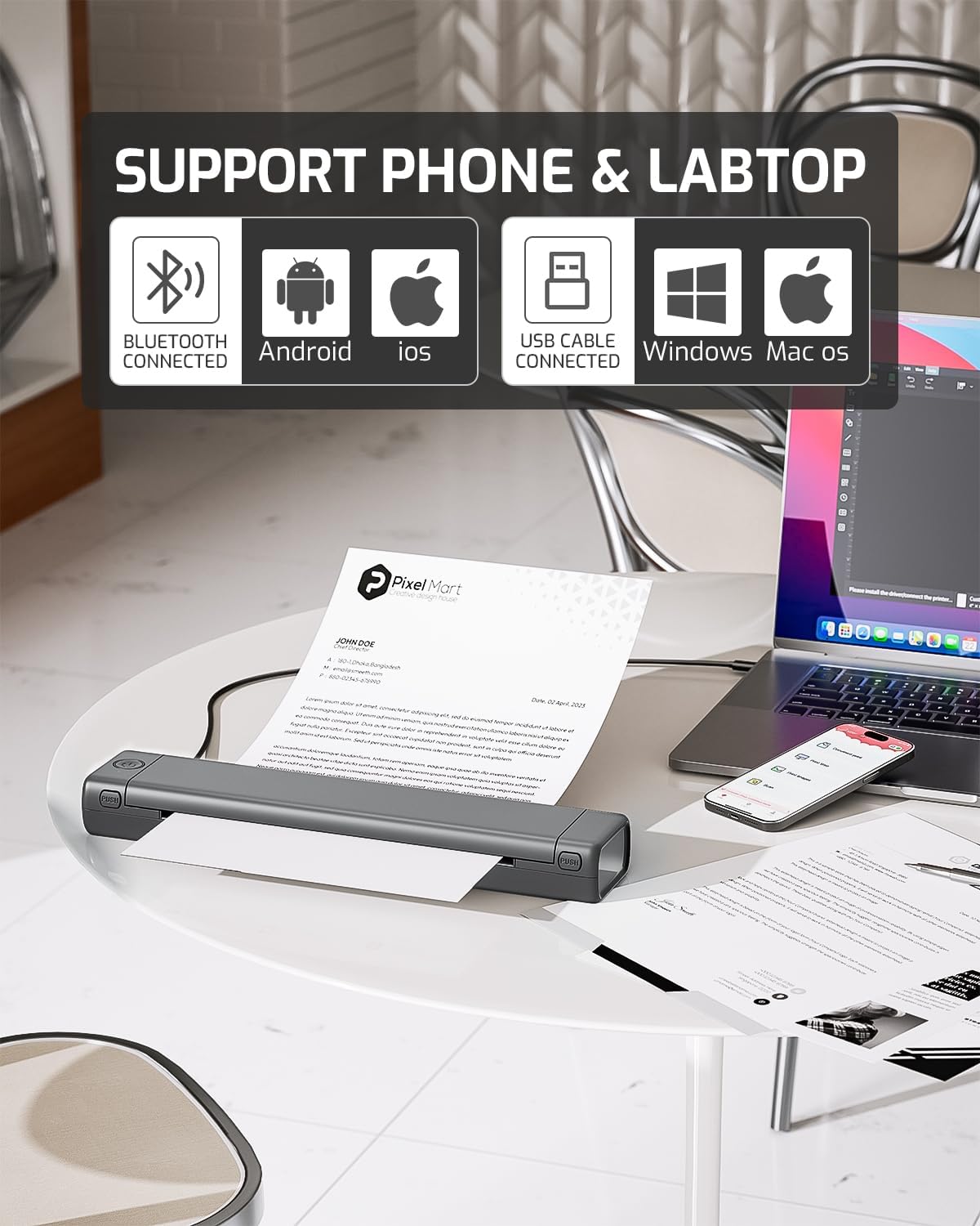Portable thermal printer with paper feed and printed document coming out
