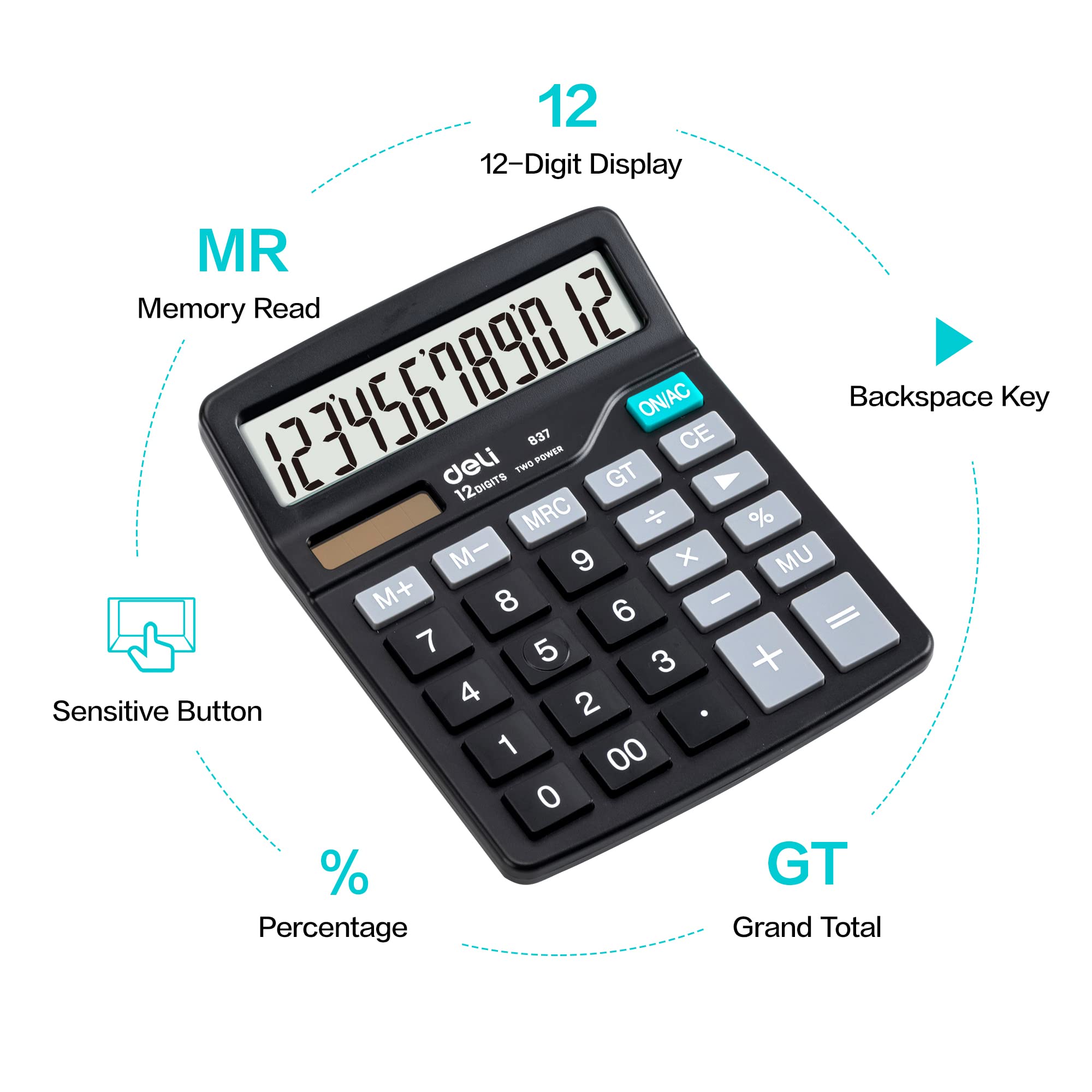 Desktop calculator with 12-digit LCD display and function keys for memory and totals