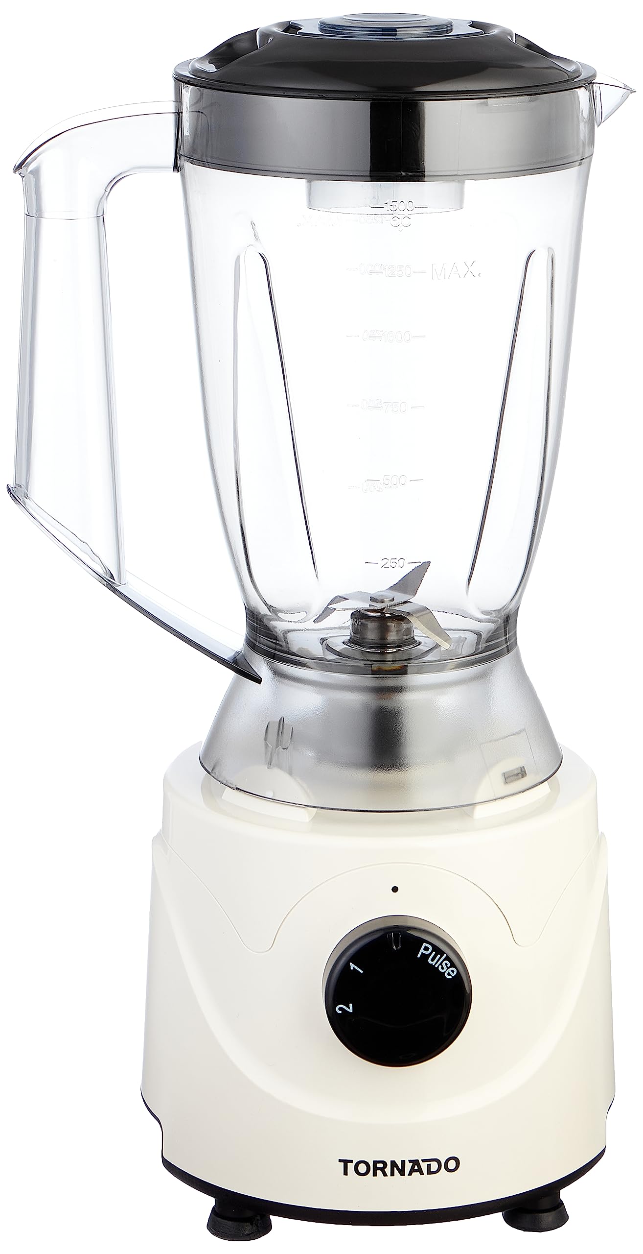 White electric blender with clear jar, metal blade mount, side handles, dial control