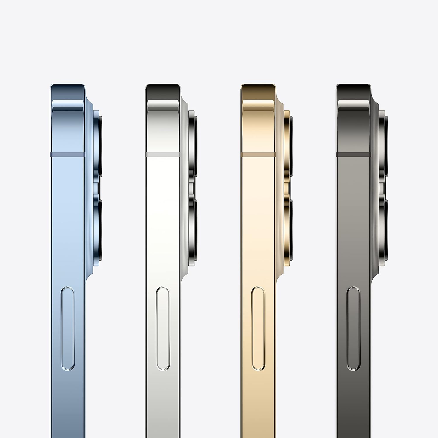 Four iPhone side views showing buttons and ports in blue, silver, gold, and graphite