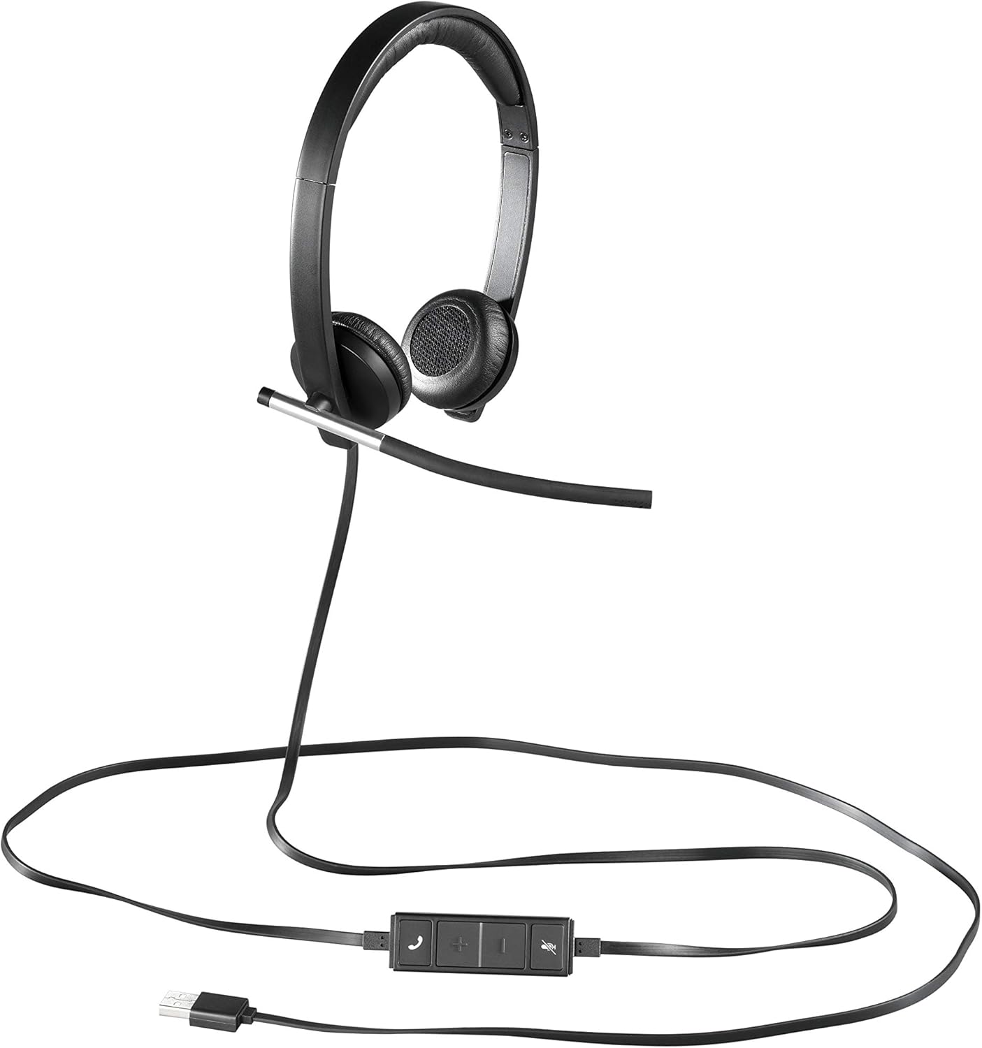 Black wired stereo headset with boom microphone and inline control on cable