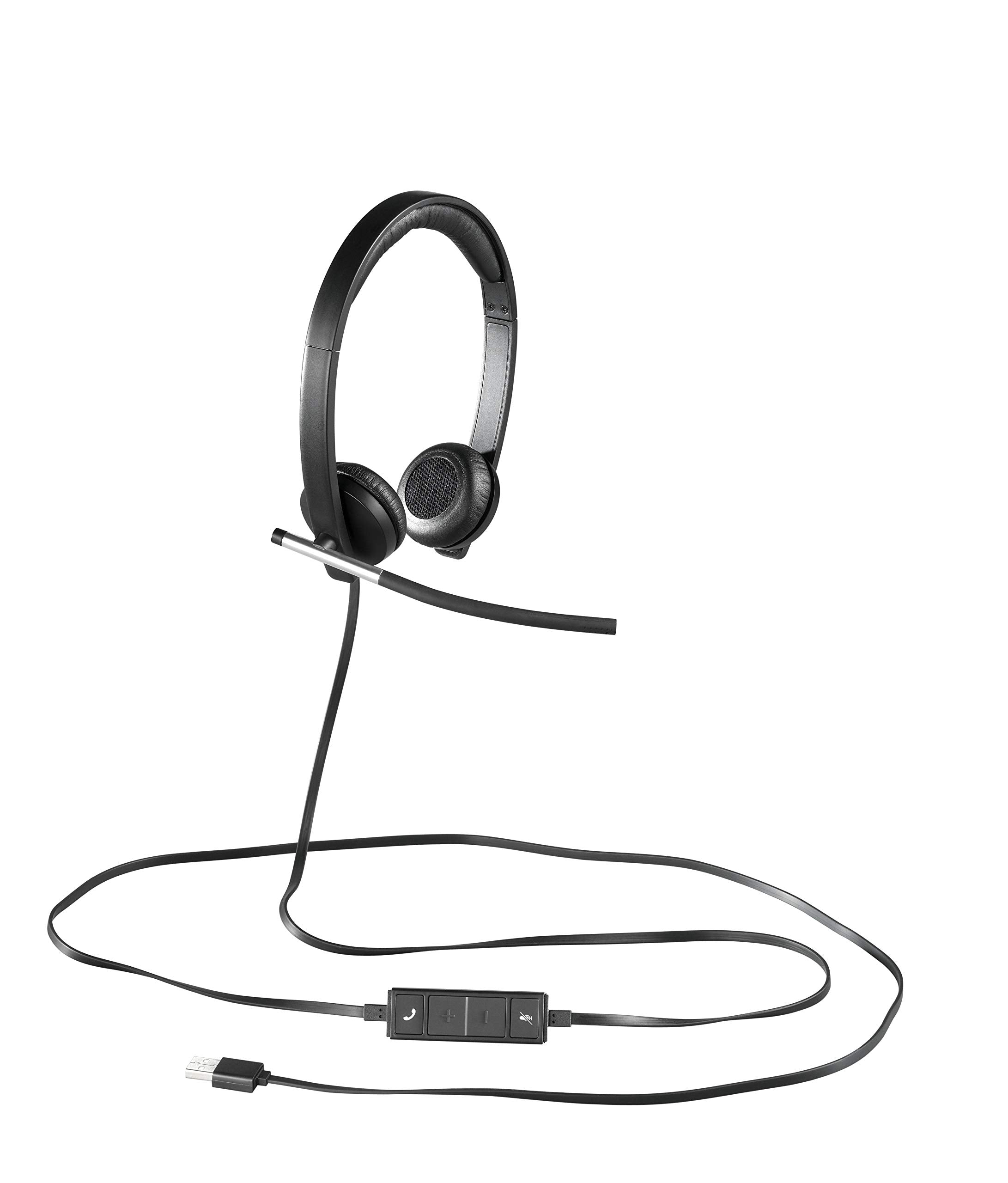 Black wired stereo headset with boom microphone and inline control box on cord