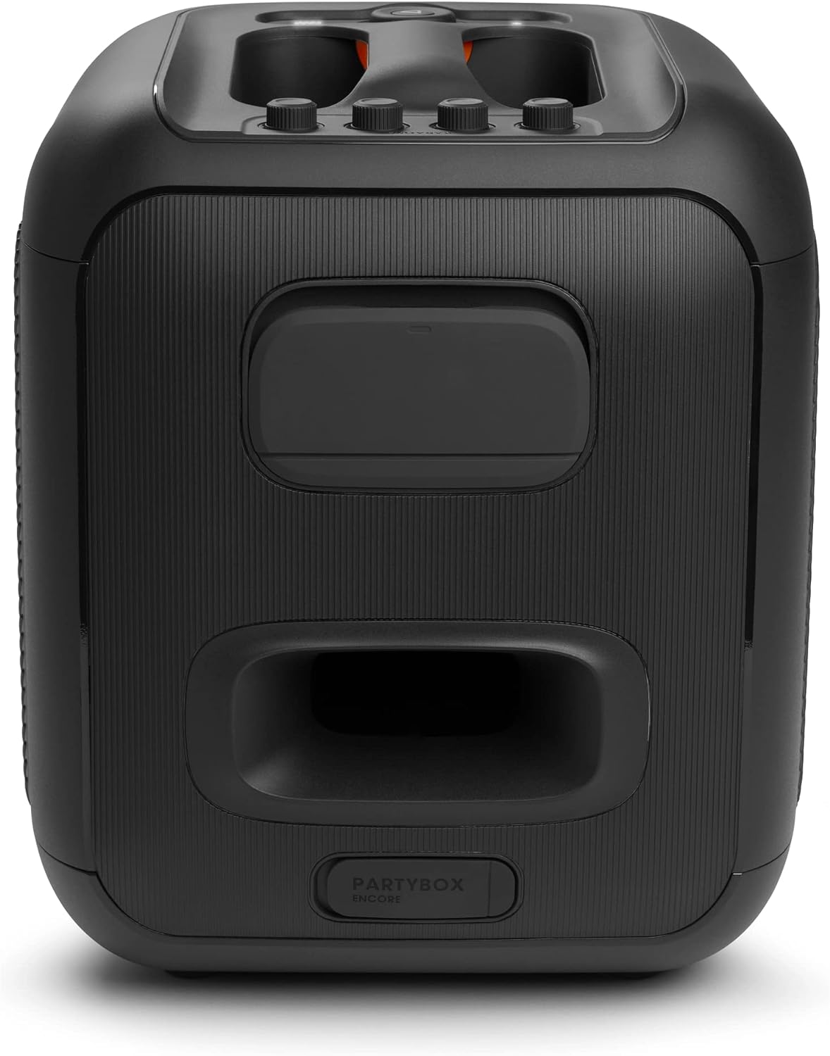 Black JBL PartyBox speaker rear view with handle and back panel contours