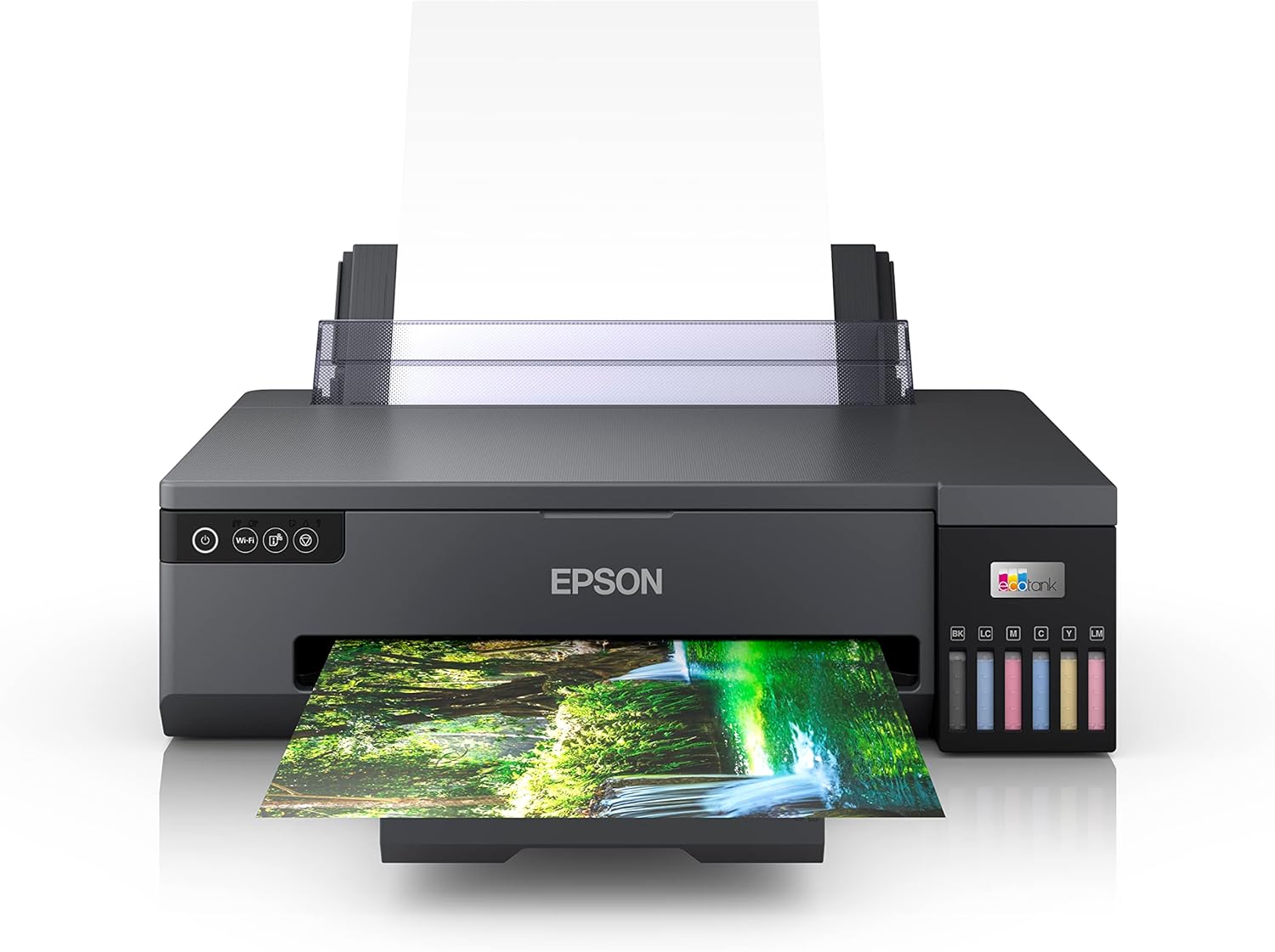 EPSON EcoTank L18050 A3 photo printer printing a colorful landscape photo
