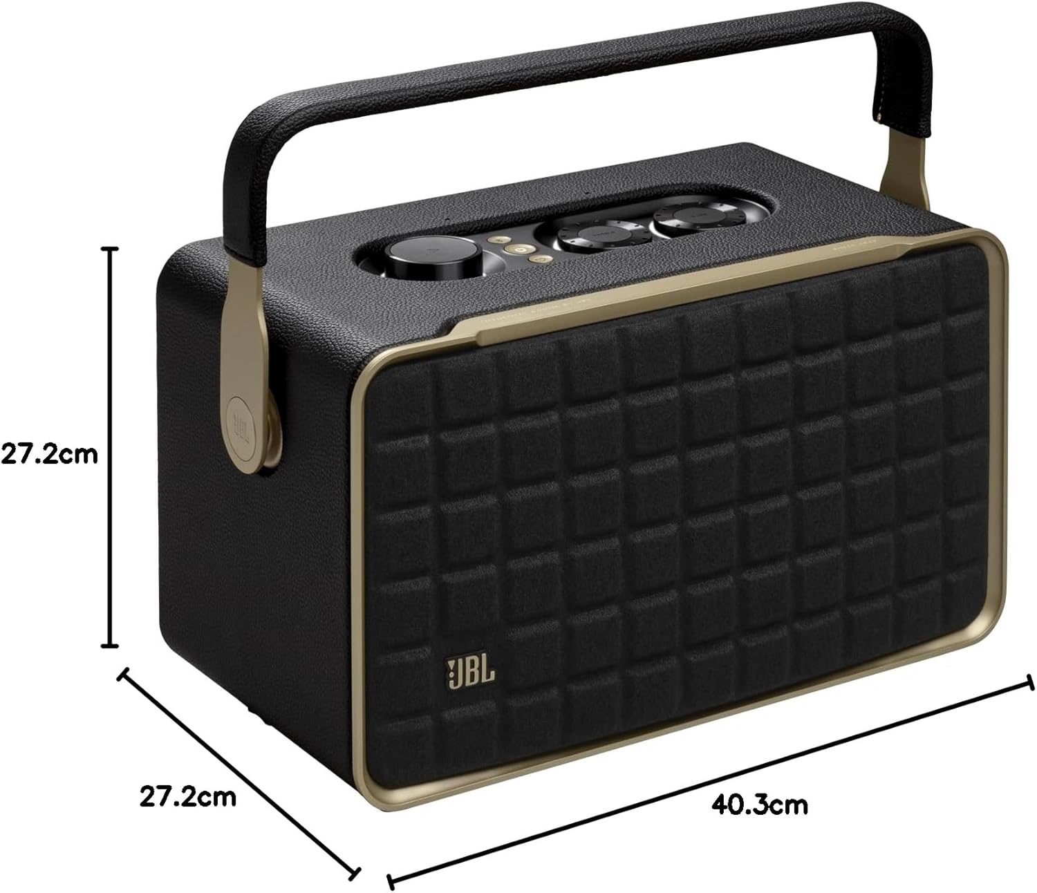 Black speaker with handle and textured front grille, gold trim, and JBL logo