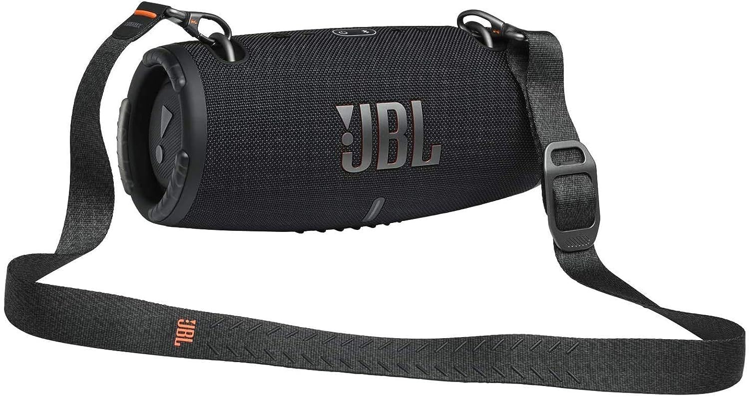 Portable waterproof speaker in black with JBL logo and shoulder strap