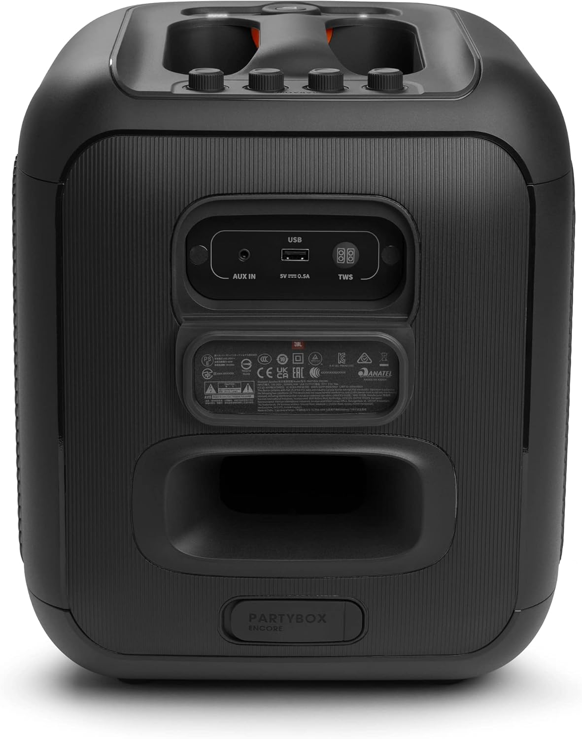 Black JBL PartyBox speaker back with input port panel and power labels