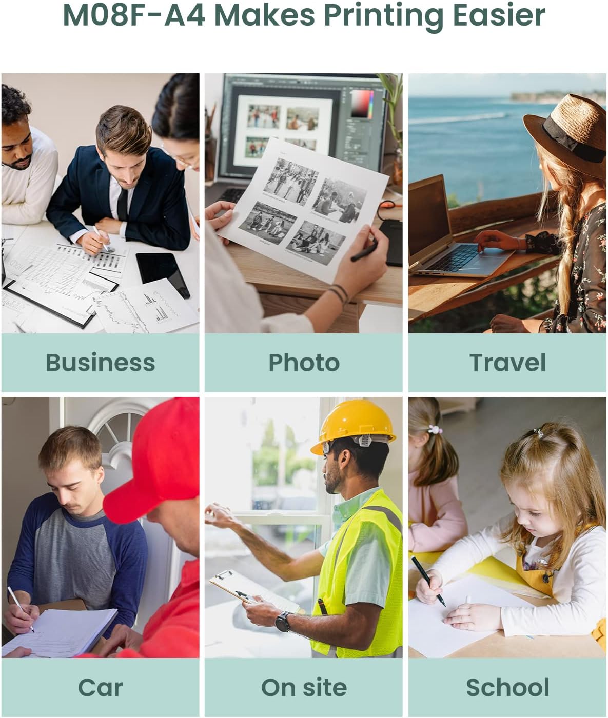 Portable A4 inkless thermal printer used in business, photo, travel, and school