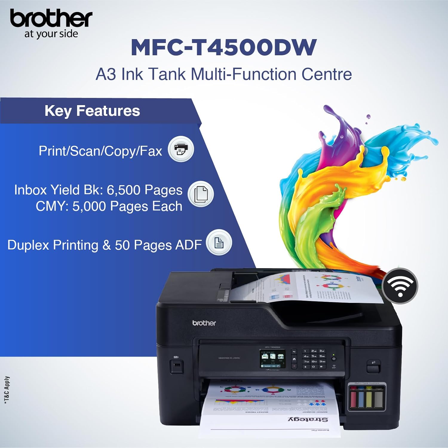 Ink tank multi-function printer showing control panel, output tray, and ink cartridge window