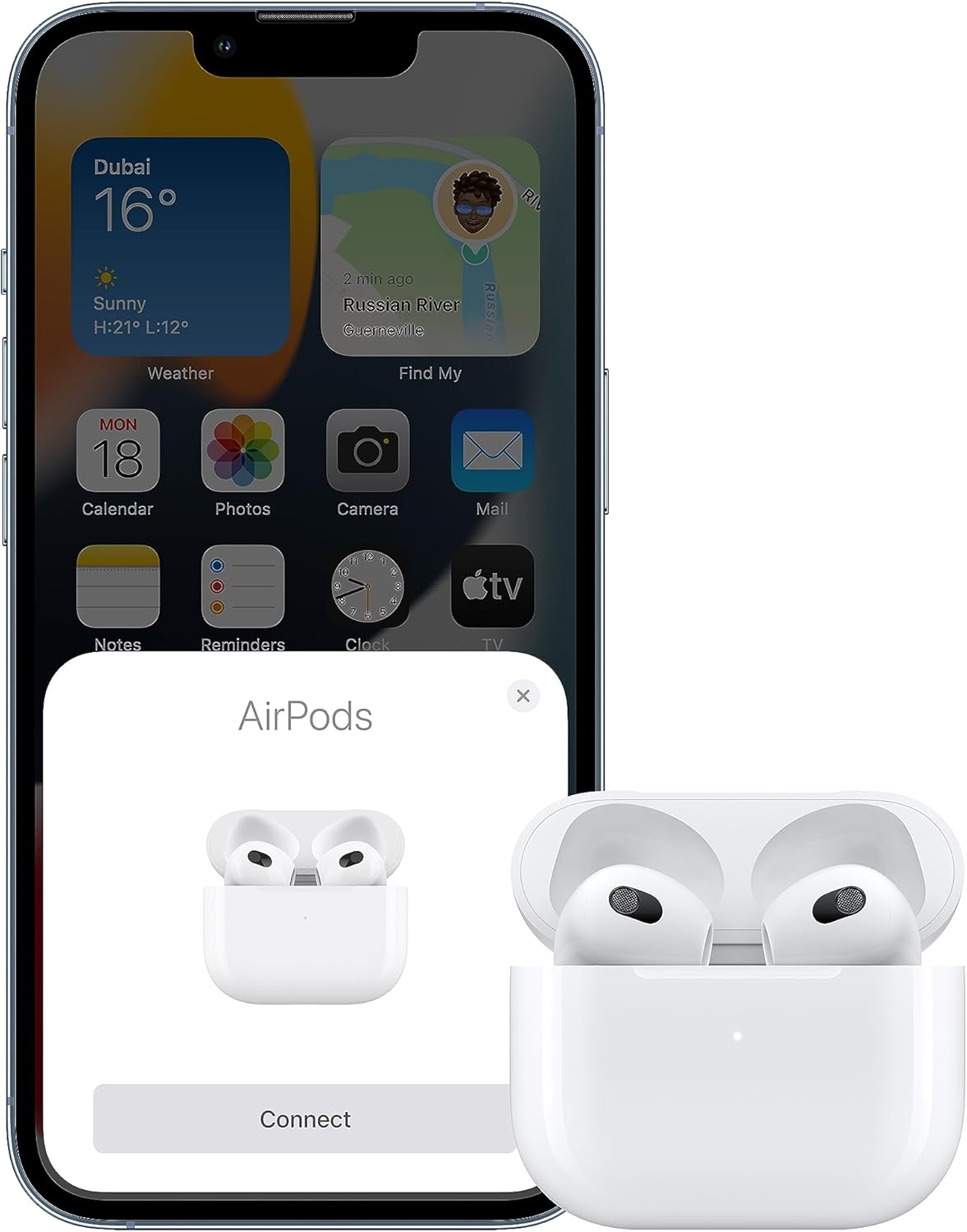 White wireless earbuds with charging case beside smartphone showing connect screen