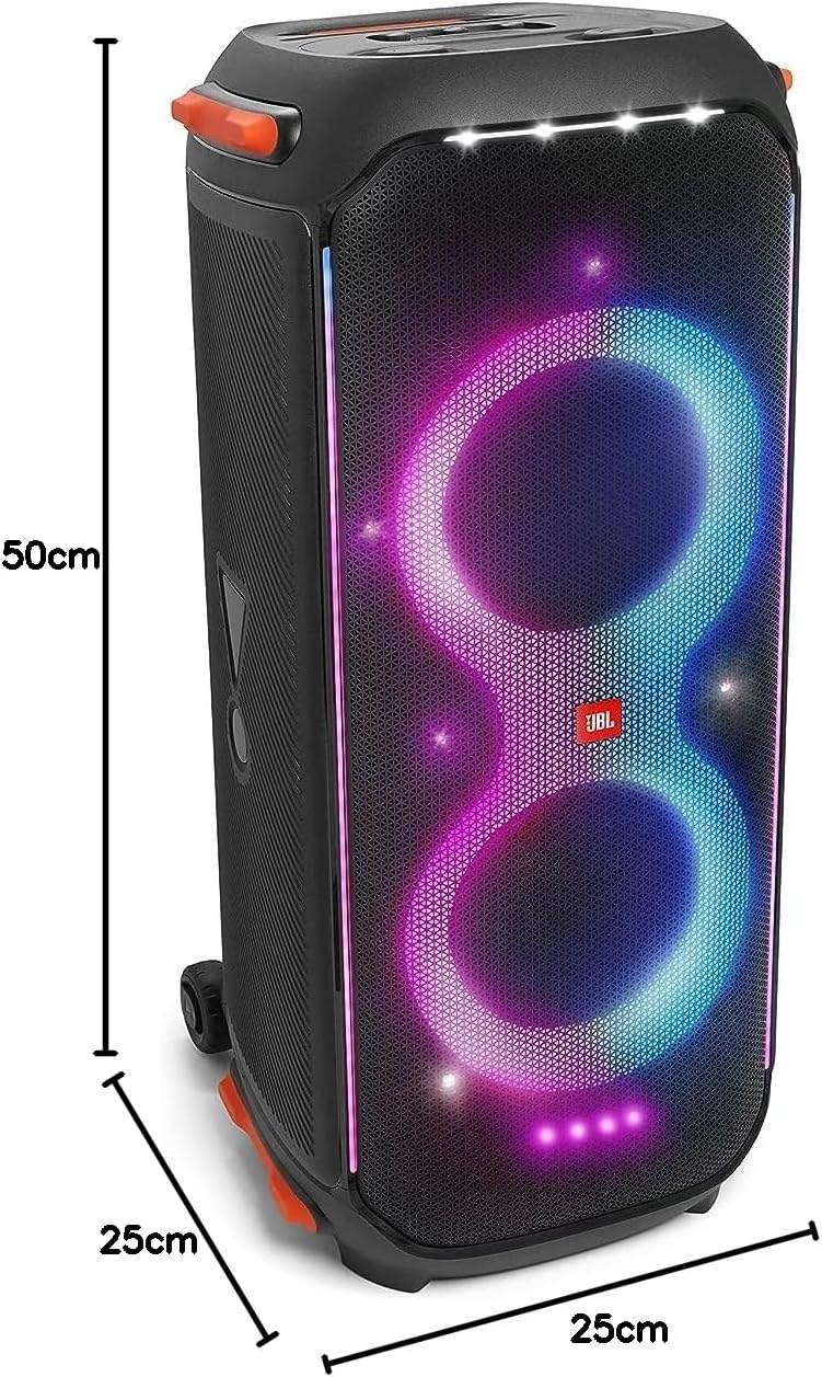 Black portable Bluetooth speaker showing front LED rings with purple and blue lighting