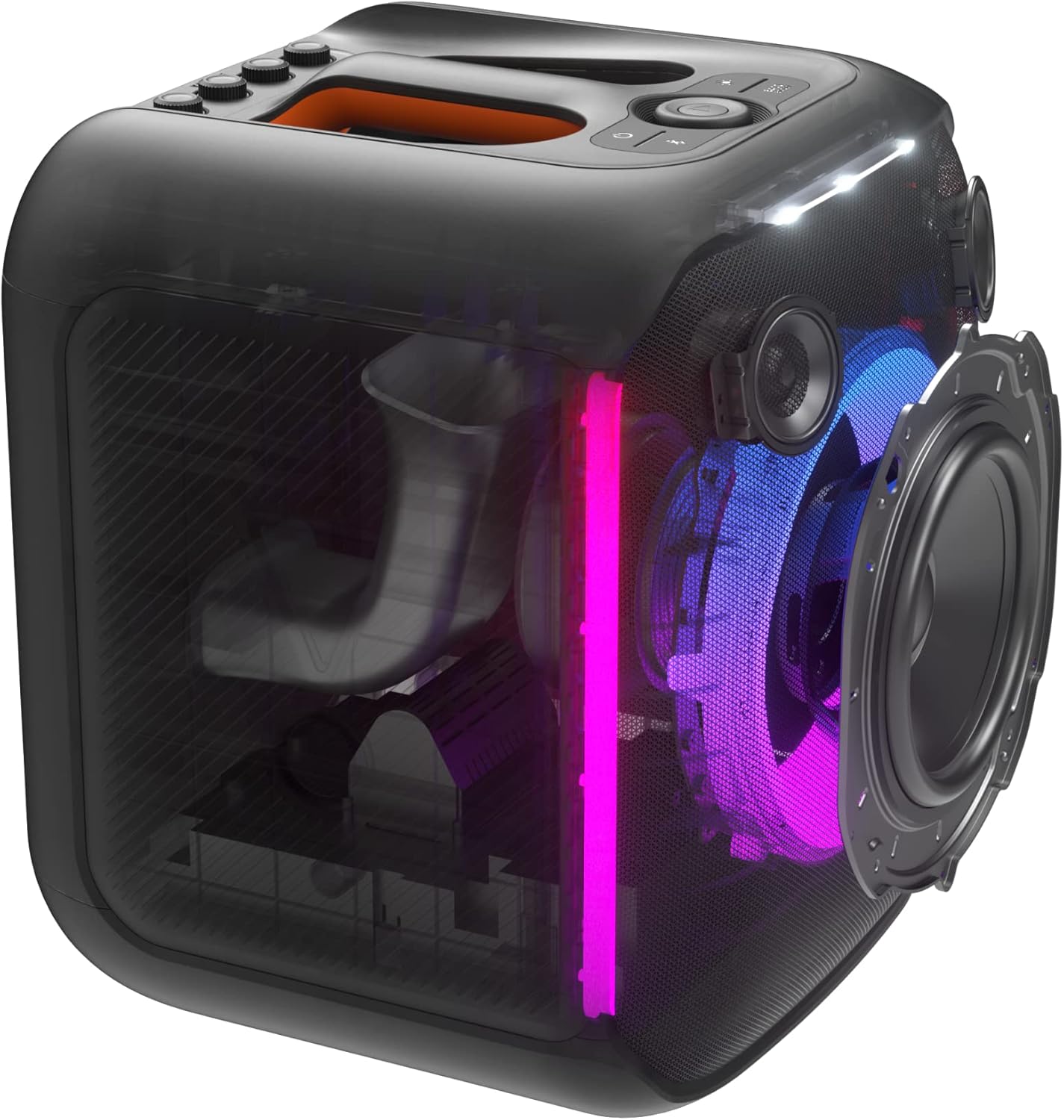 Portable Bluetooth speaker showing side speakers and bright vertical LED light strip
