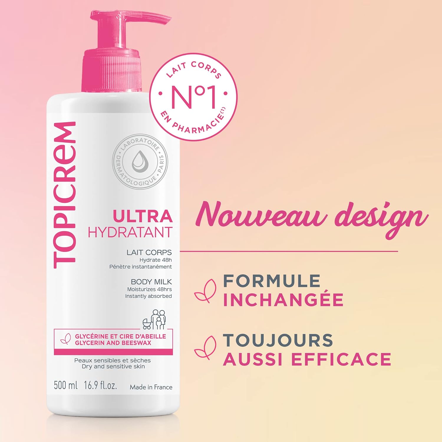Topicrem Ultra Hydratant body milk lotion bottle with pink pump and 500 ml badge