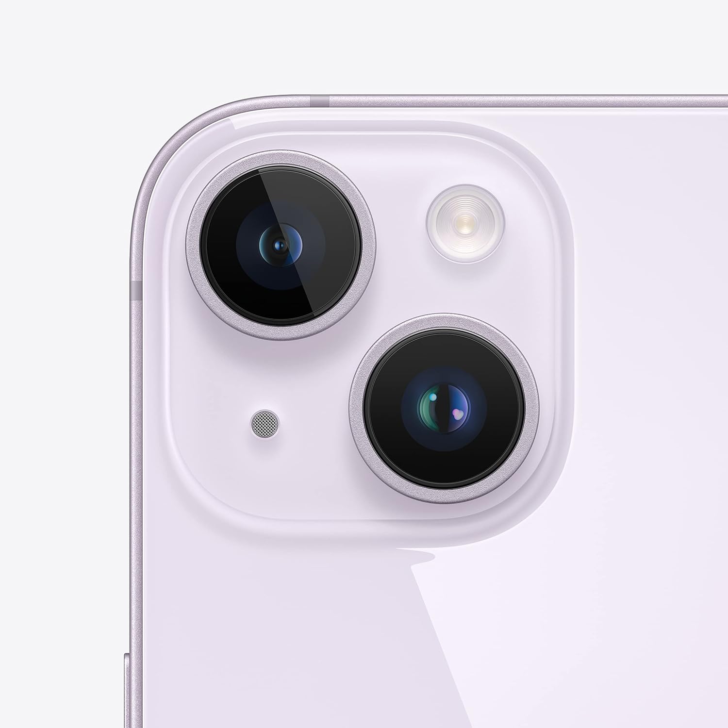 Light purple smartphone rear camera close-up with dual lenses and flash