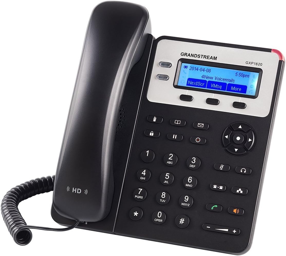 Grandstream HD IP office phone with black handset, keypad, and color LCD display