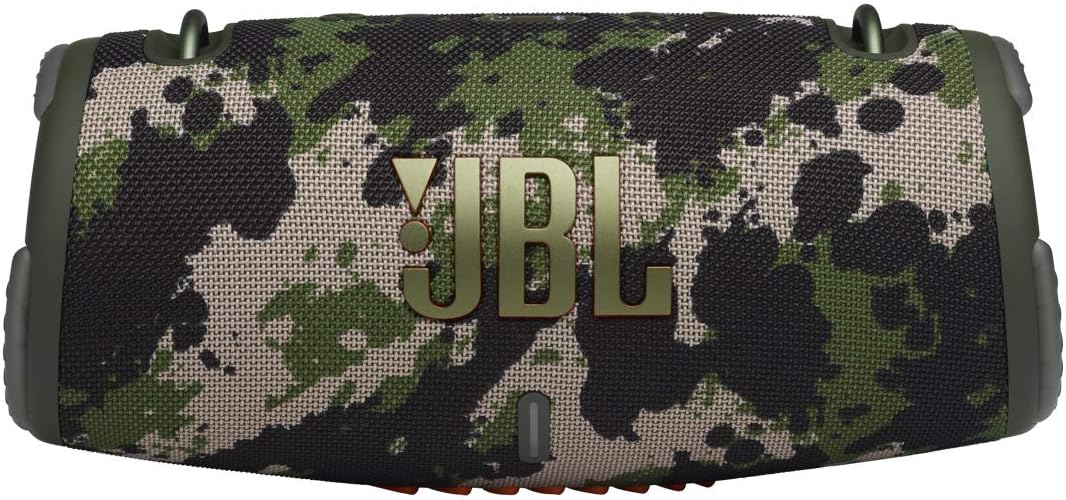 Portable waterproof Bluetooth speaker in camo fabric with JBL logo and carry handle
