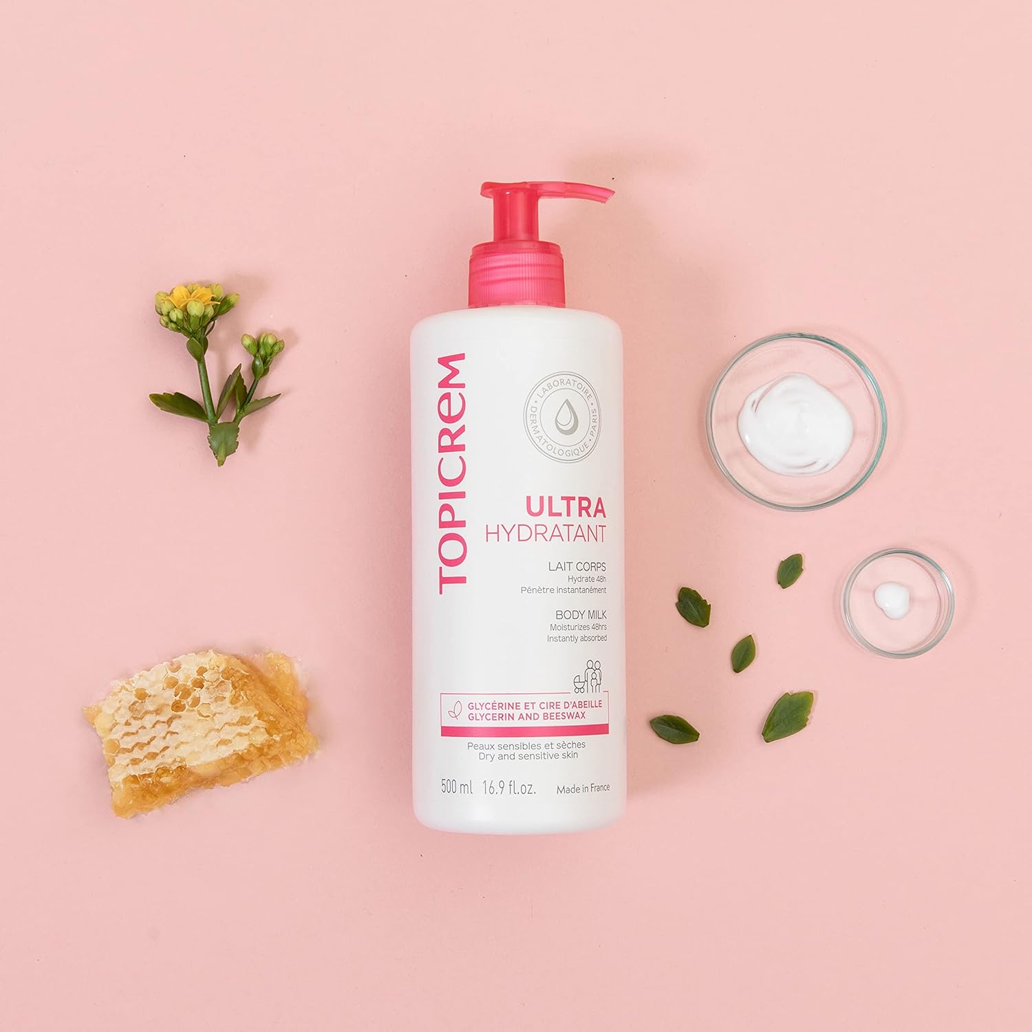 Topicrem Ultra Hydratant body lotion bottle with pink pump, 500 ml