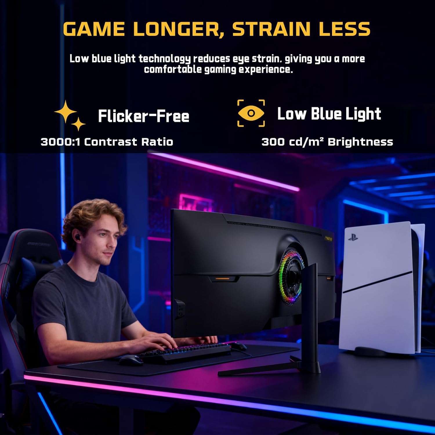 49-inch curved gaming monitor on desk with black bezel and central stand
