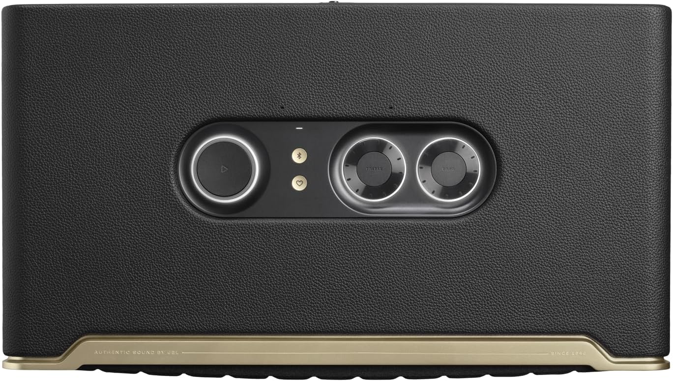 Black speaker face with two large knobs and small indicator buttons
