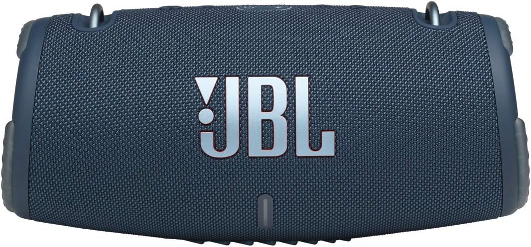 Portable waterproof speaker in blue with JBL logo and top carry handle