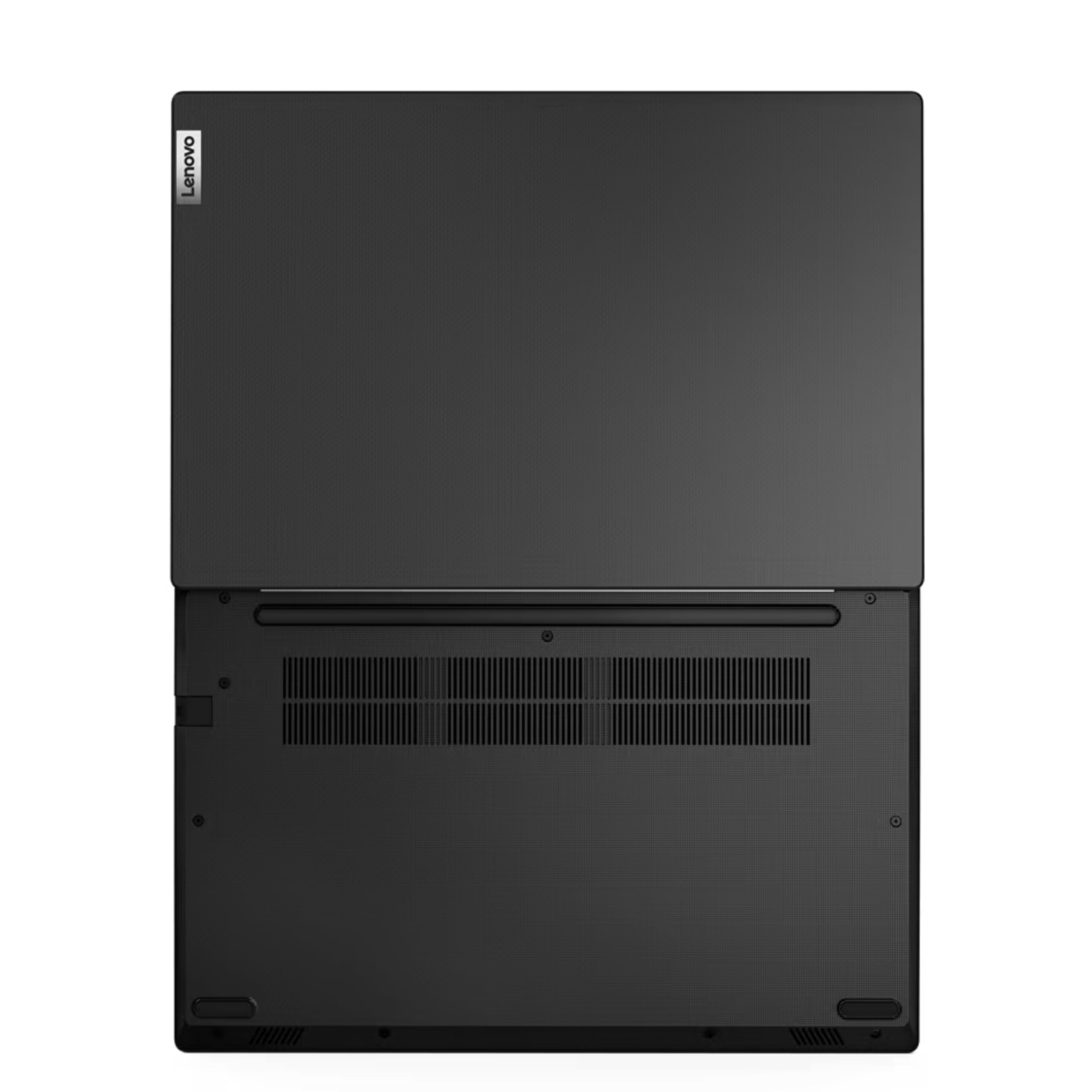 Black Lenovo laptop underside view with ventilation grille and rubber feet