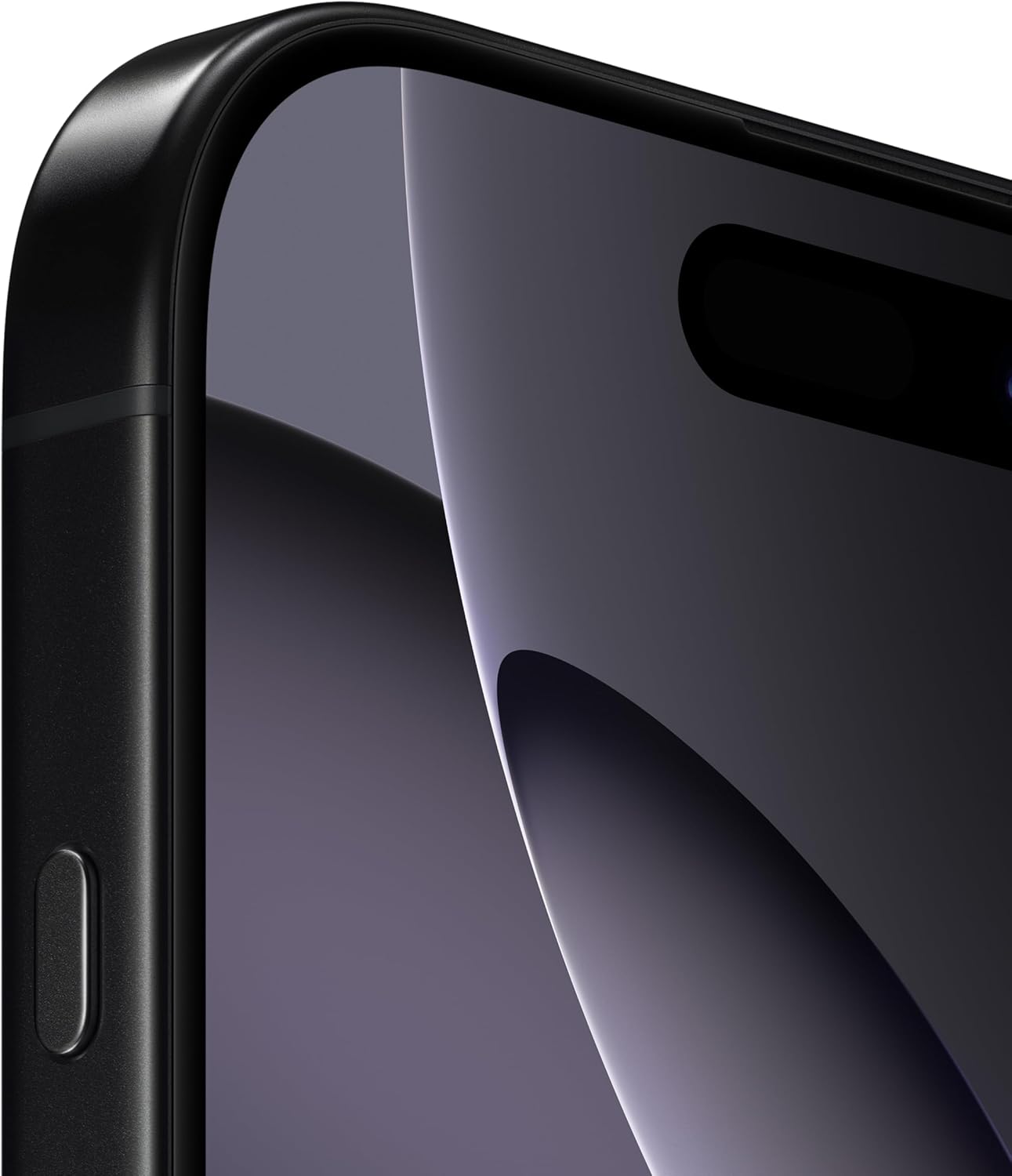 iPhone 16 Pro Max phone in black titanium, close-up side view with display edge