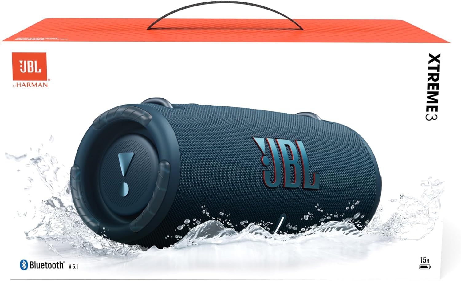 JBL Xtreme 3 portable waterproof speaker with JBL logo, splash backdrop, and box text