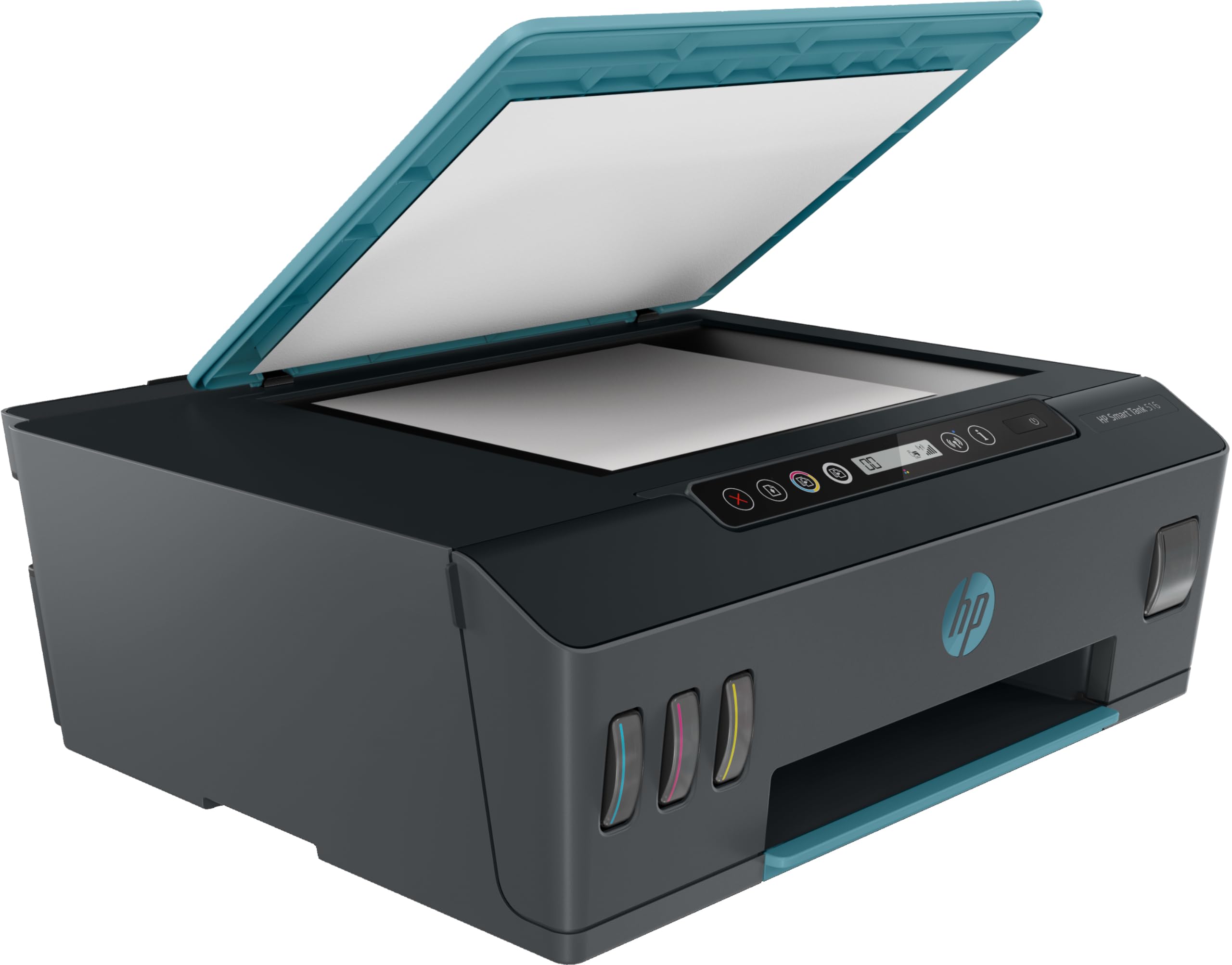 Blue and black HP all-in-one inkjet printer with open lid and front control panel