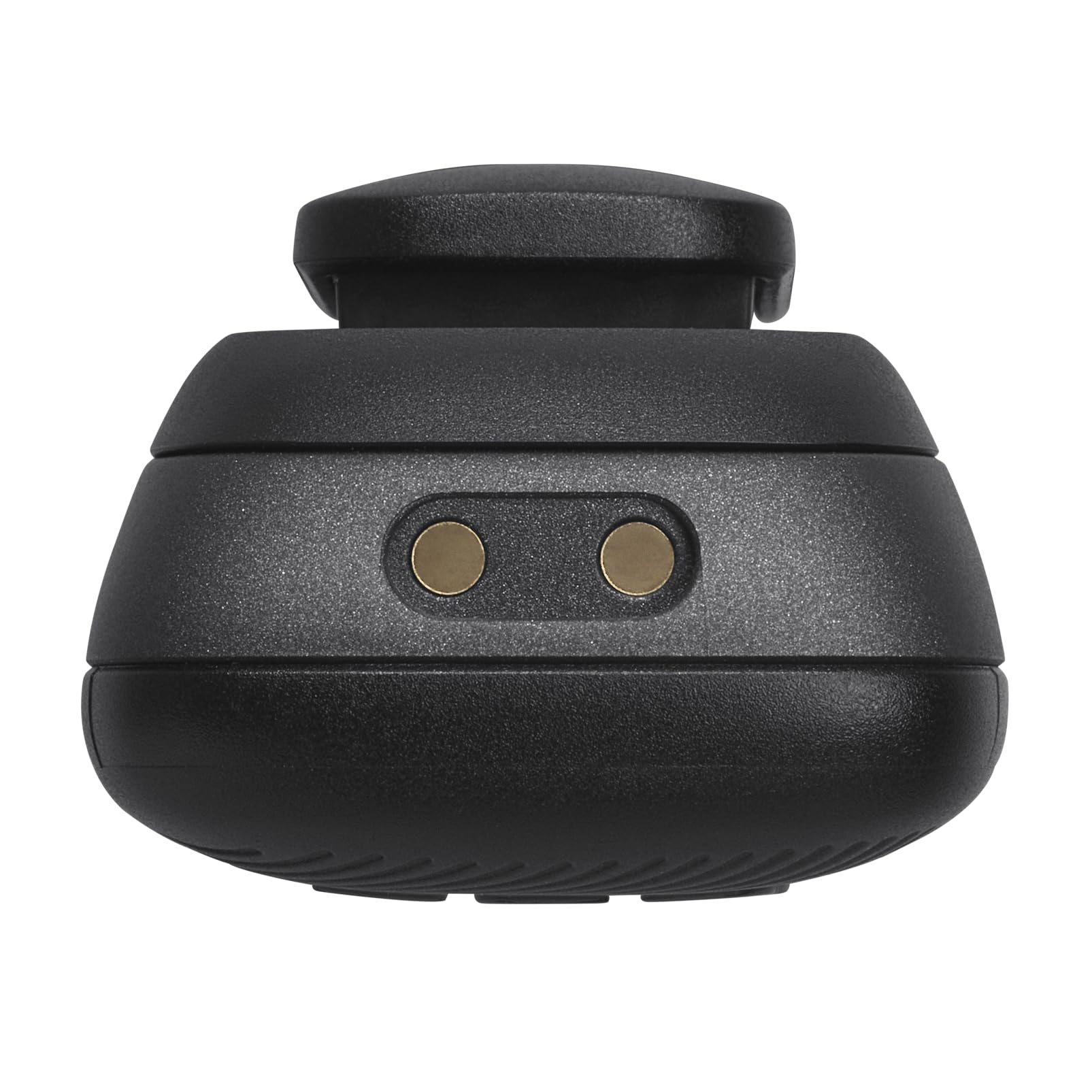 Black JBL earbuds charging case top view with two gold contact points