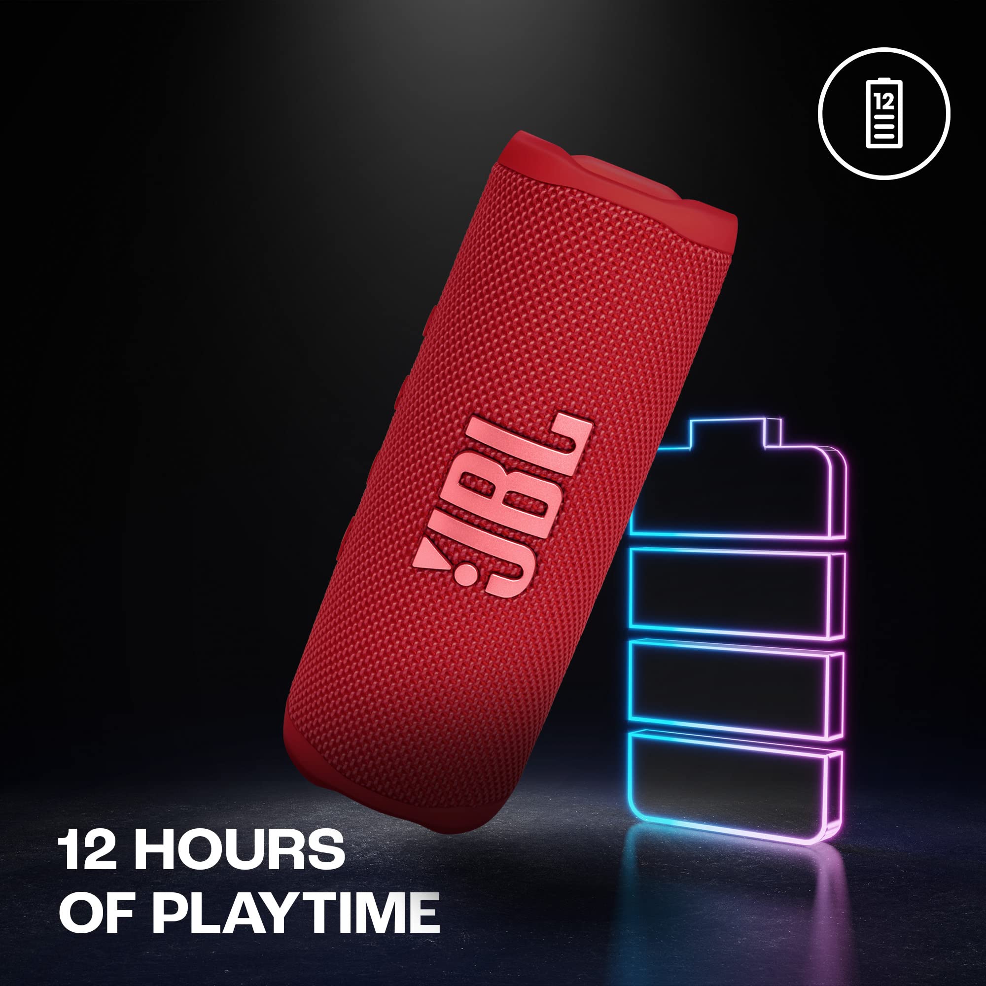 JBL Flip 6 red portable speaker with 12-hour playtime graphic