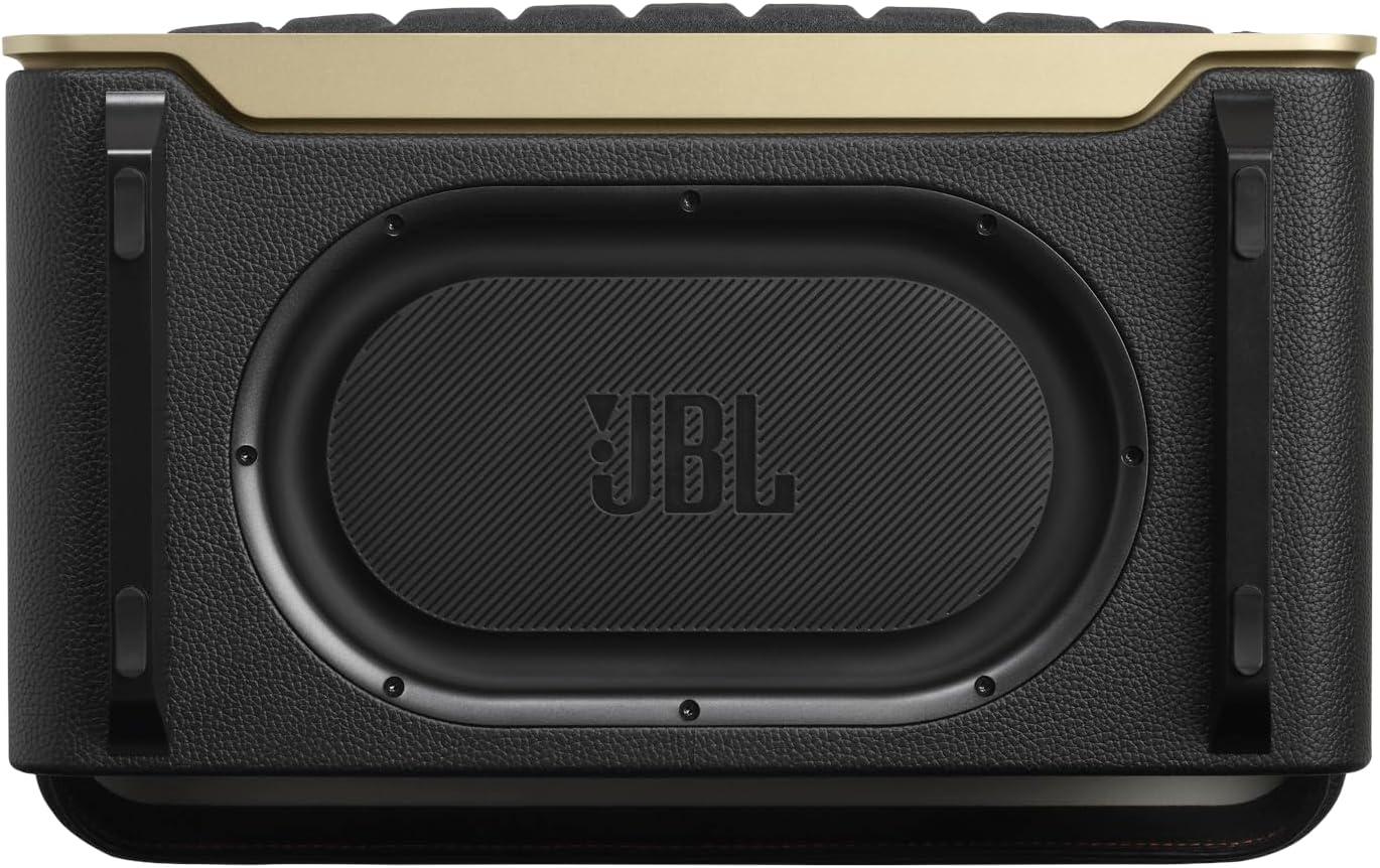Black speaker rear panel with large bass driver and JBL logo in center