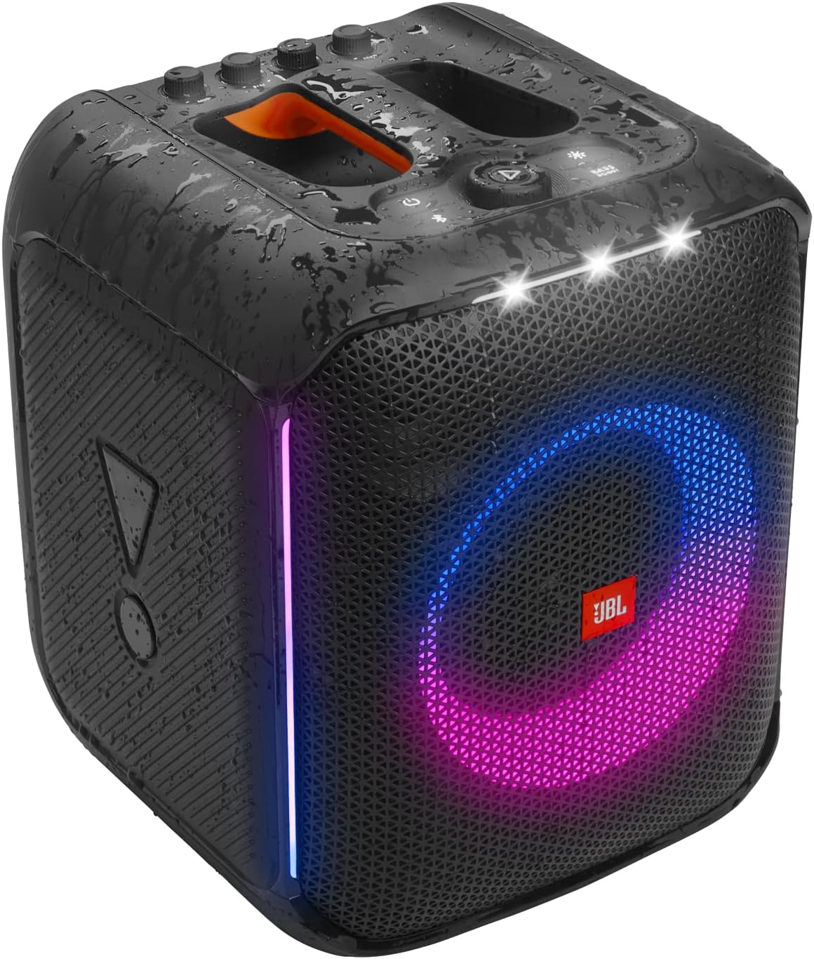 Black JBL PartyBox speaker with multicolor LED ring light, close side view
