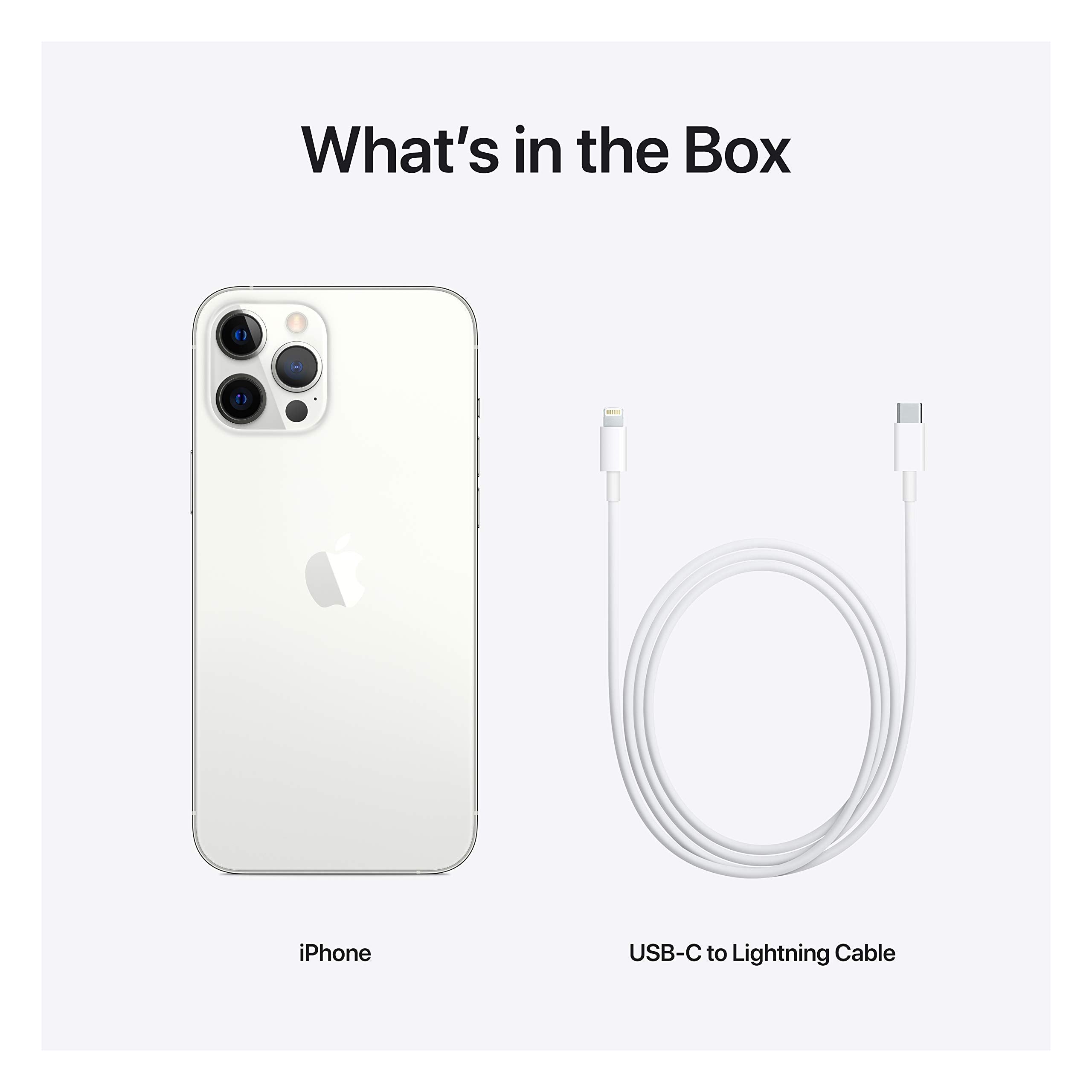 iPhone 12 Pro Max and USB-C to Lightning cable in box, showing phone and charging cord