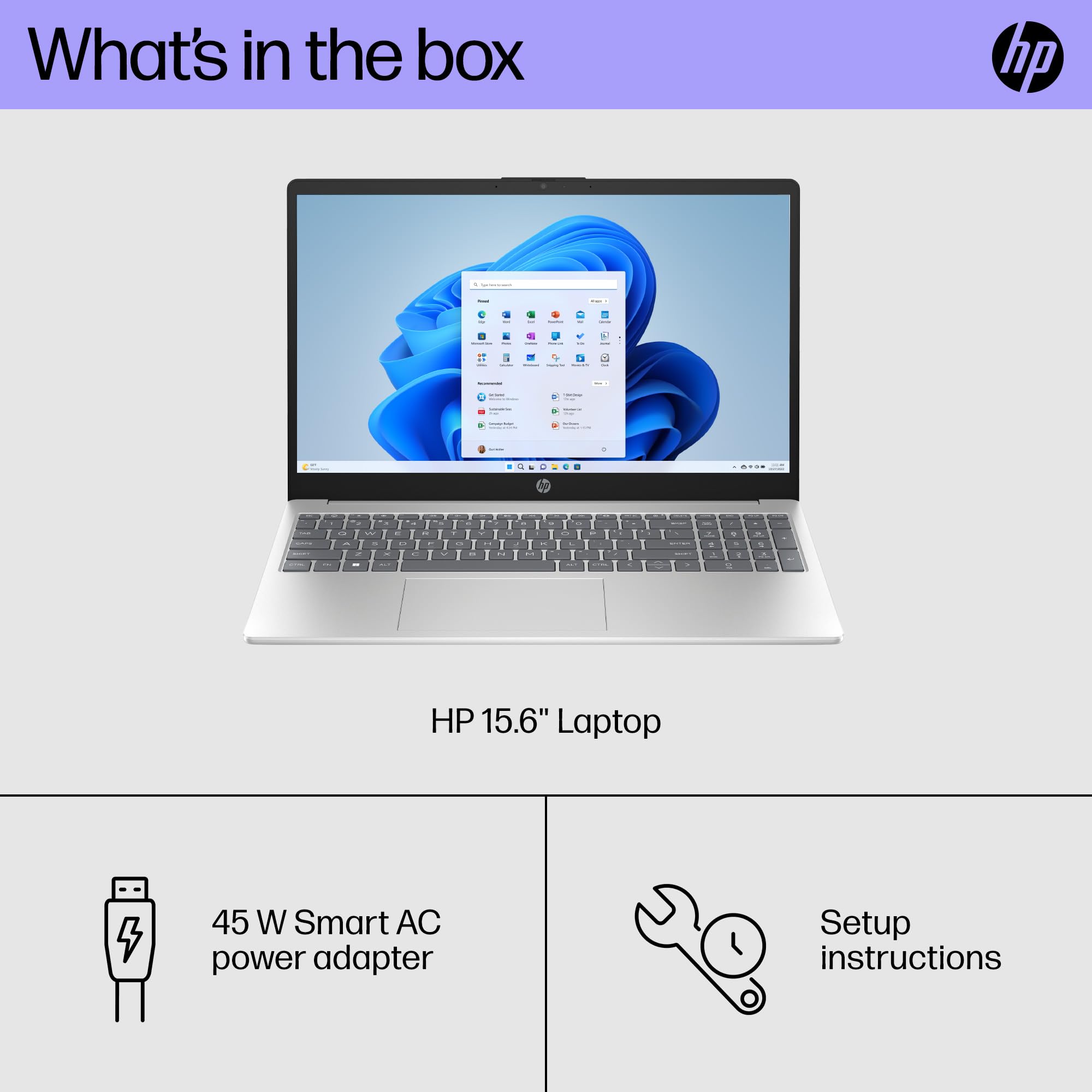 HP laptop open showing Windows 11 desktop on screen, black keyboard