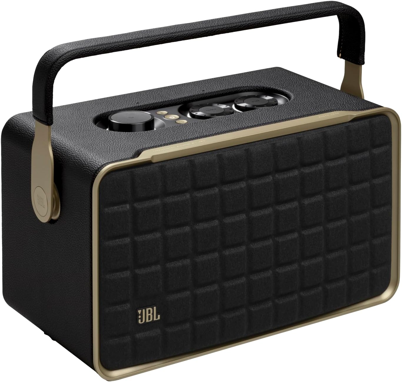 JBL smart home speaker with carry handle, black grille, and top control panel