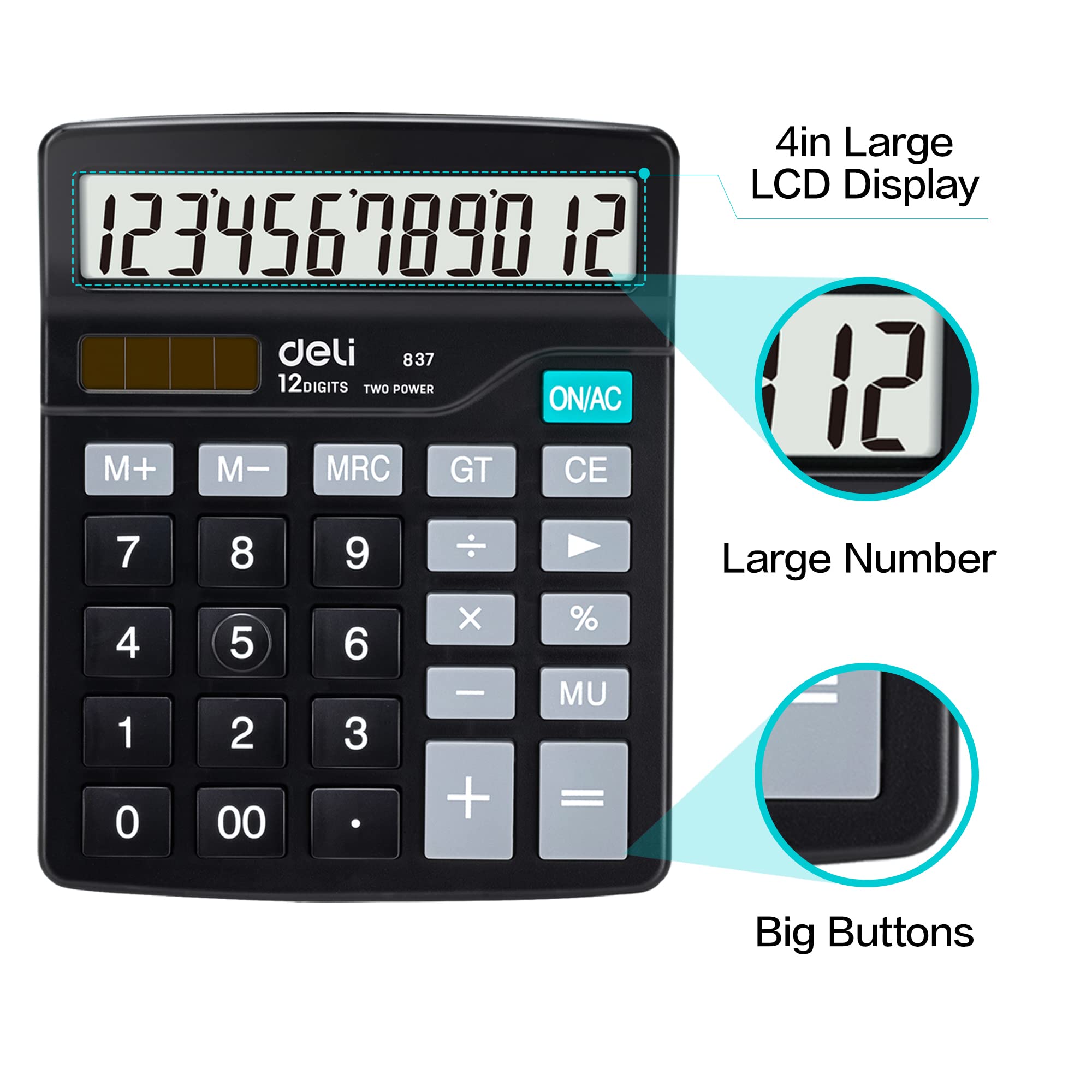 Desktop calculator with large 12-digit LCD display and backlit keypad buttons
