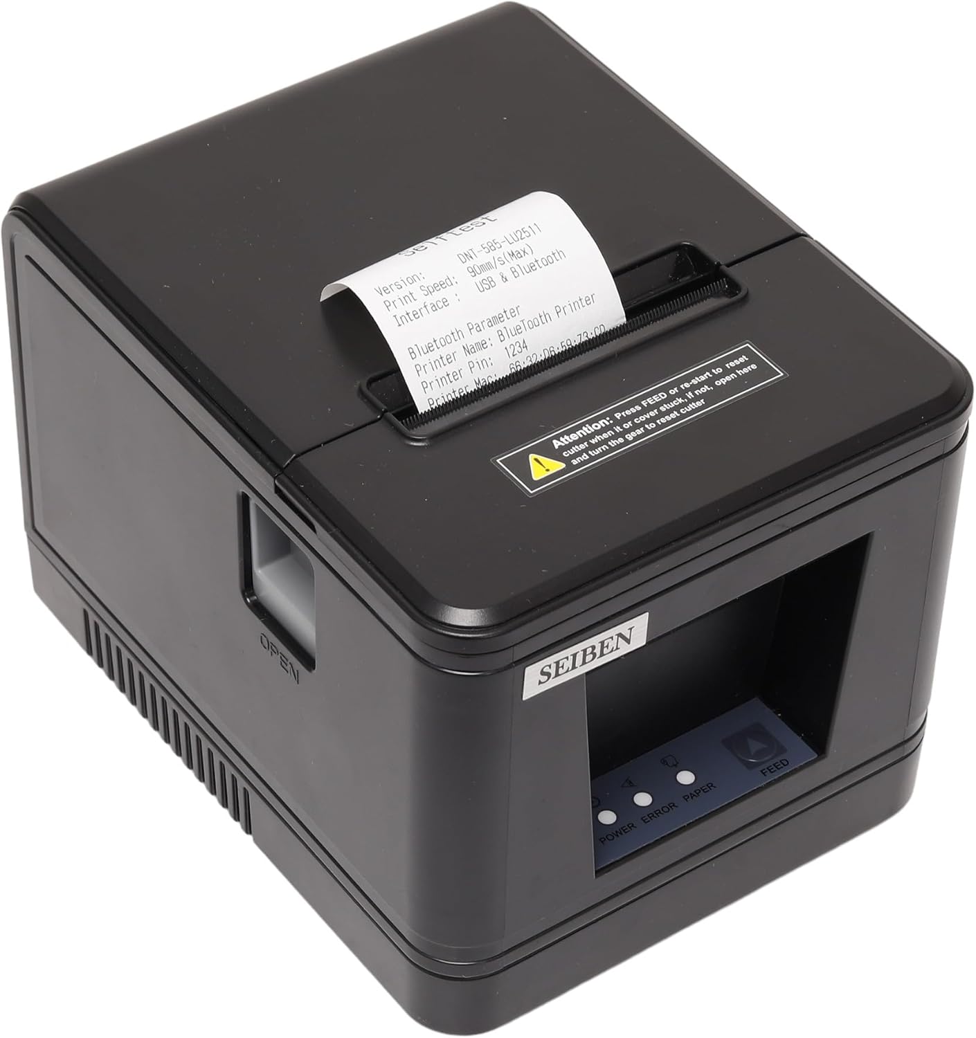 Black POS thermal receipt printer angled view with paper roll loaded and front window