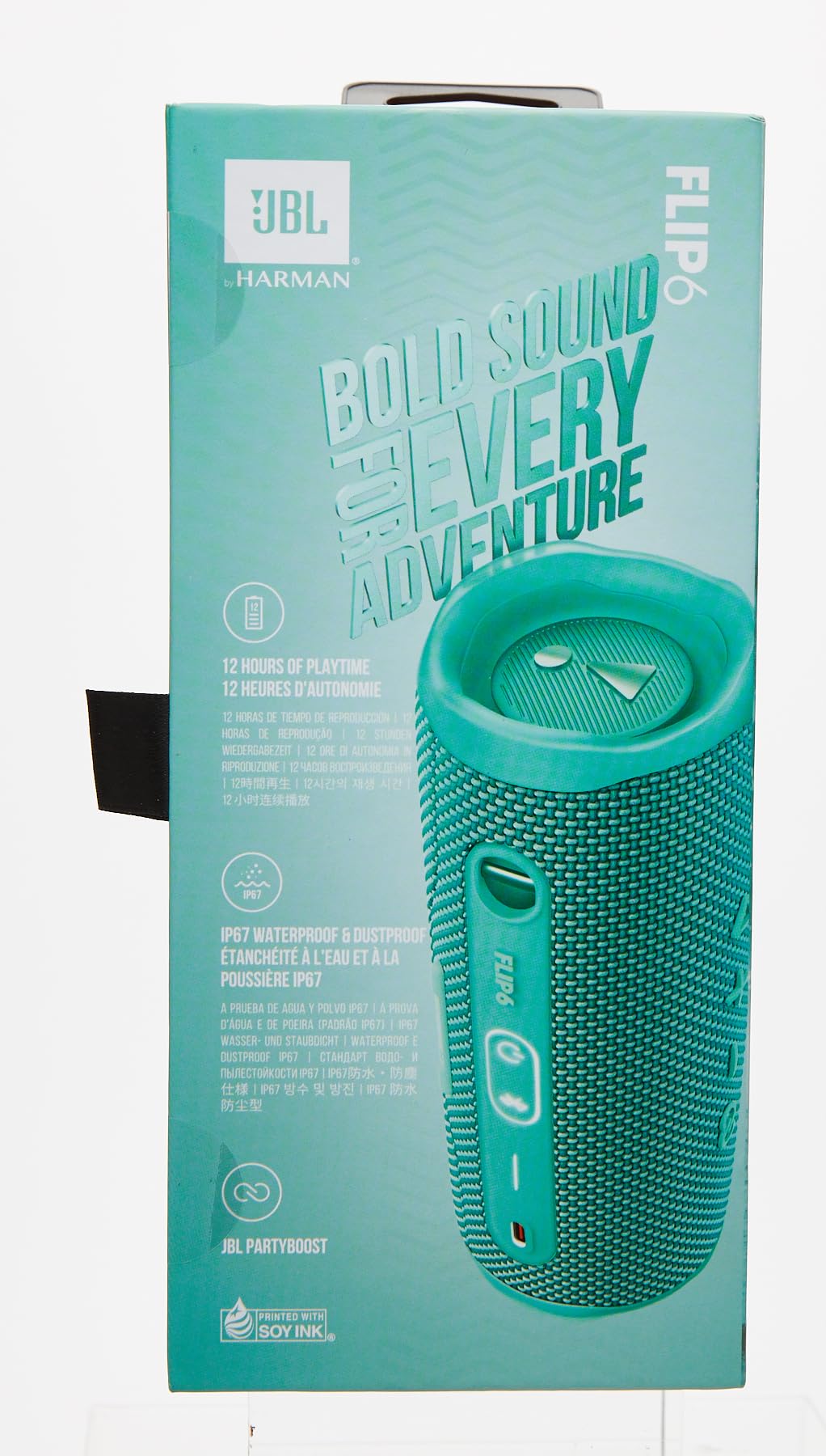 JBL Flip 6 portable Bluetooth speaker box with teal speaker graphic