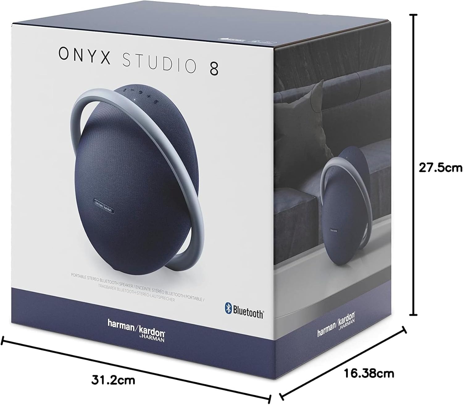 Portable Bluetooth speaker retail box with blue speaker and printed size dimensions