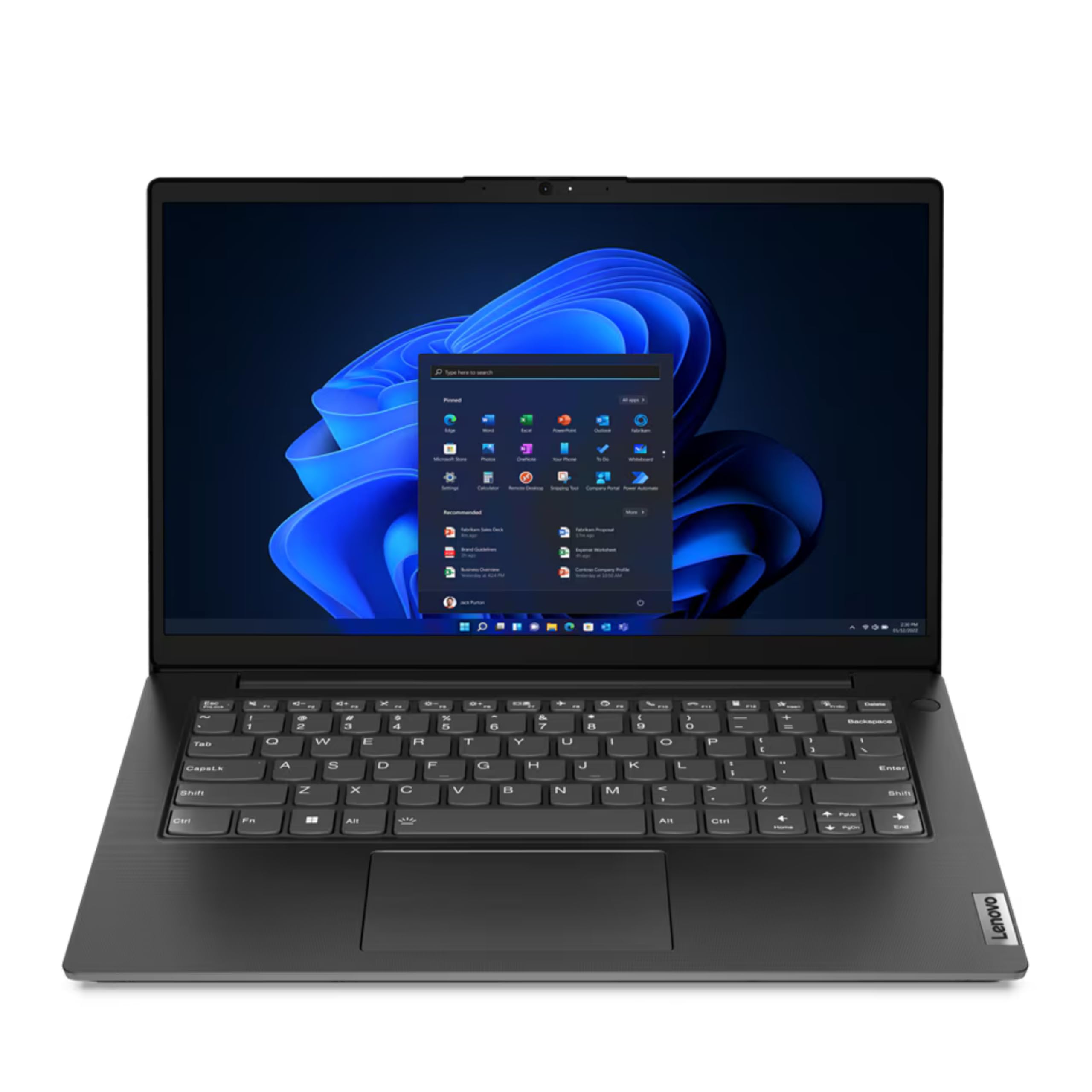 Black Lenovo laptop with keyboard and 14-inch display showing Windows 11