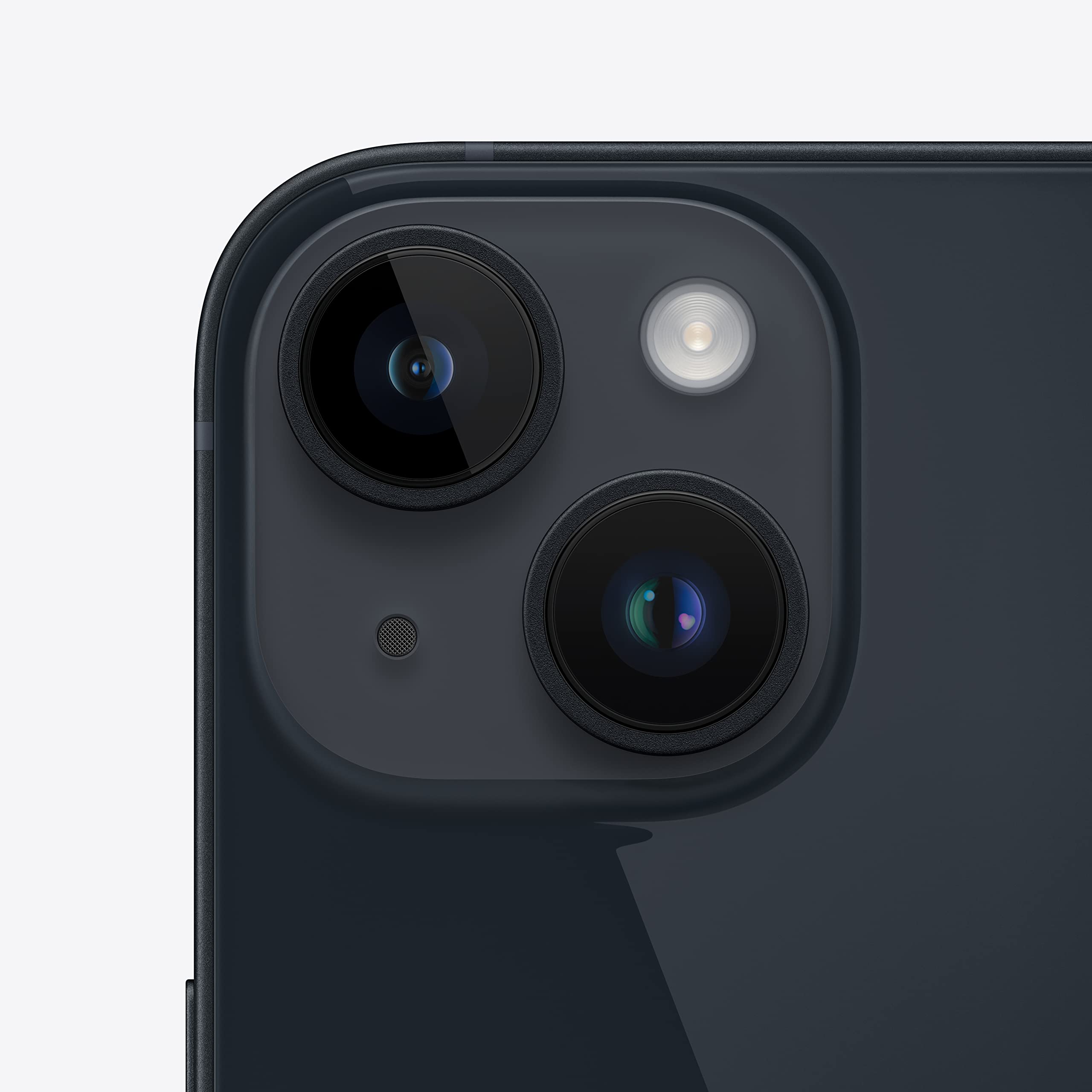 Midnight iPhone back close-up with dual cameras, flash, and matte texture