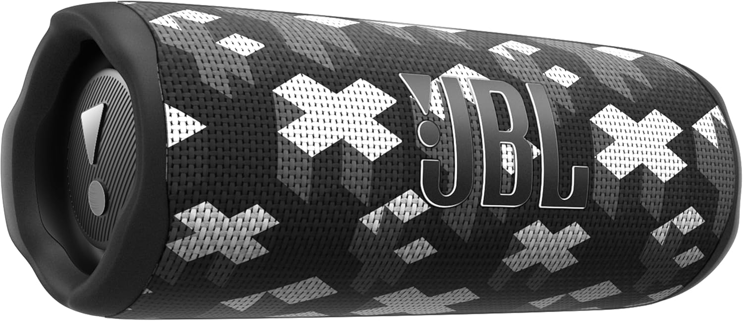 Portable JBL Flip 6 speaker with black fabric and white graphic pattern