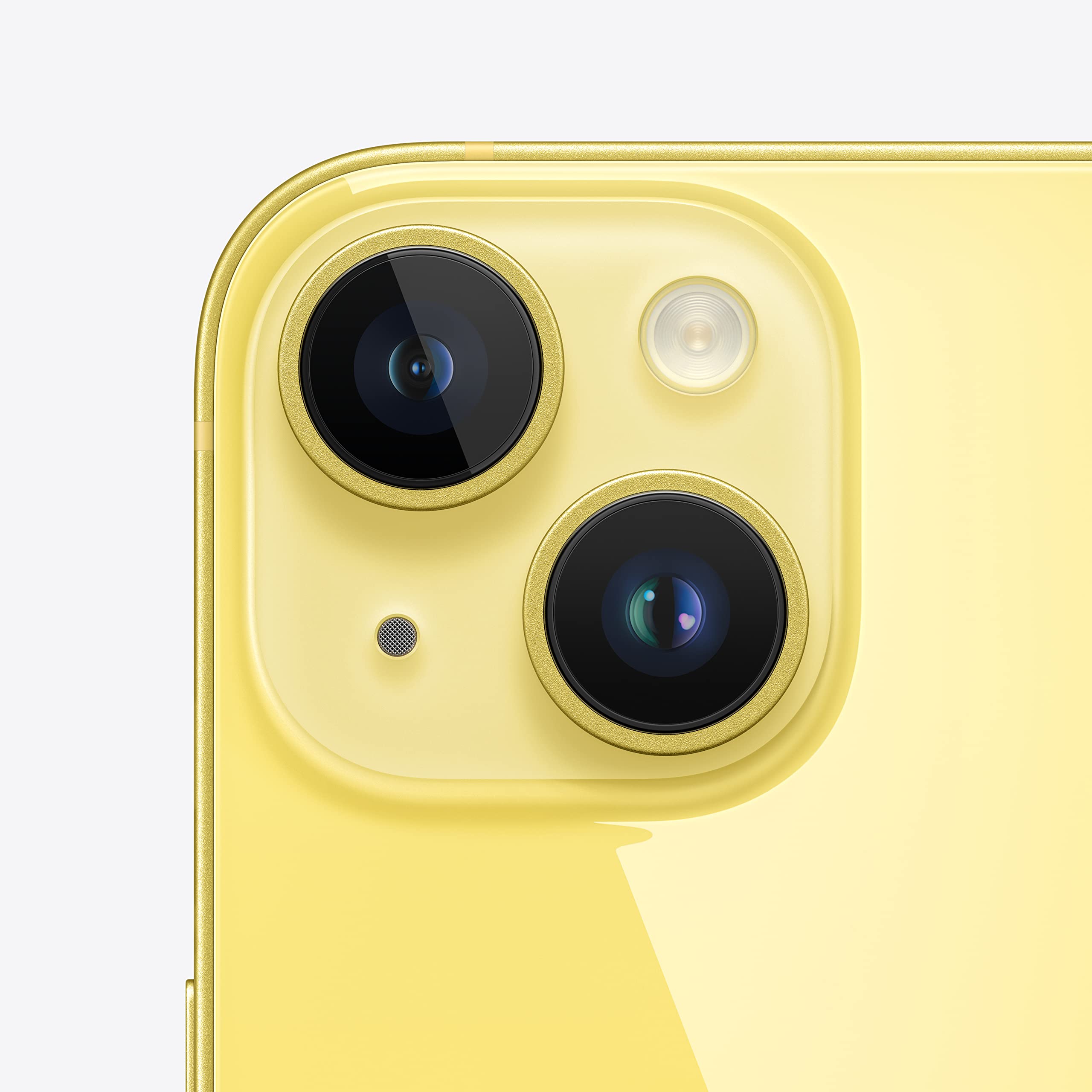 Smartphone close-up of yellow back with dual rear camera lenses and flash