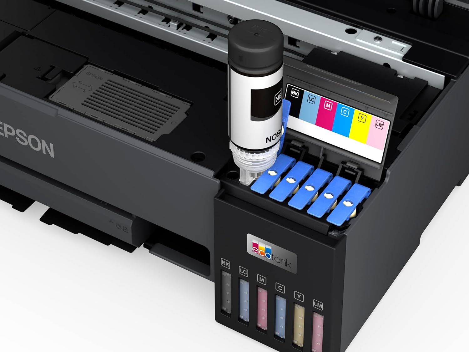 EPSON EcoTank L18050 A3 printer close-up of ink bottles and print head area