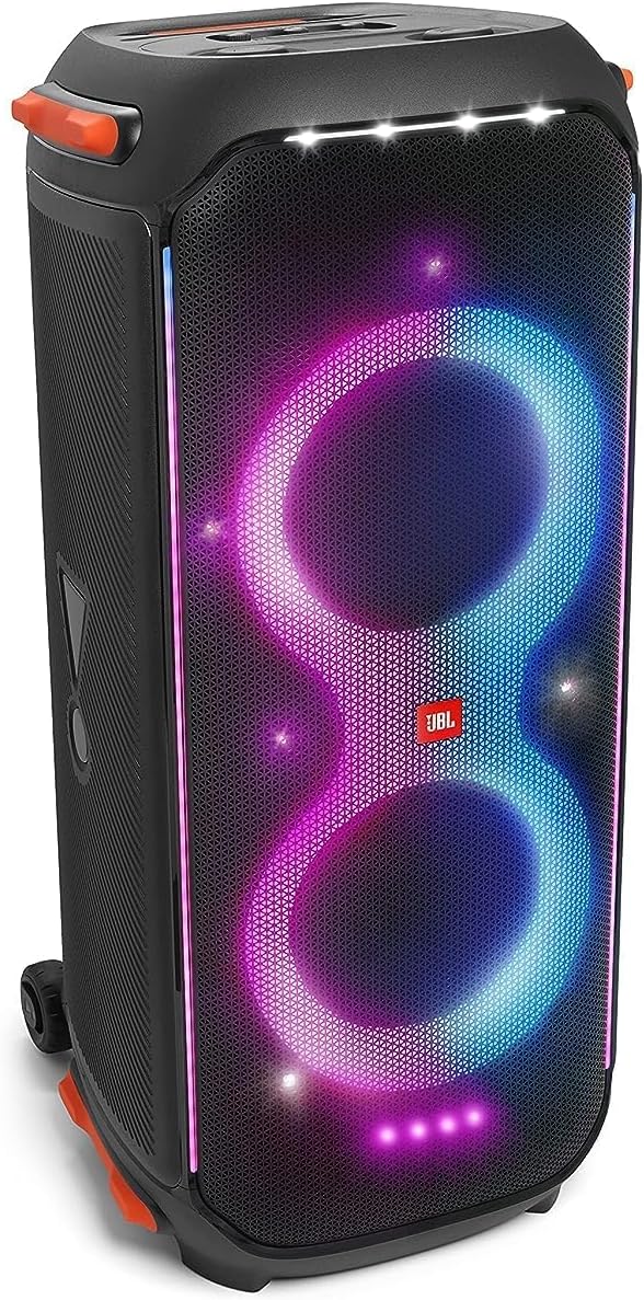 JBL PartyBox portable Bluetooth speaker with purple and blue light rings and control top