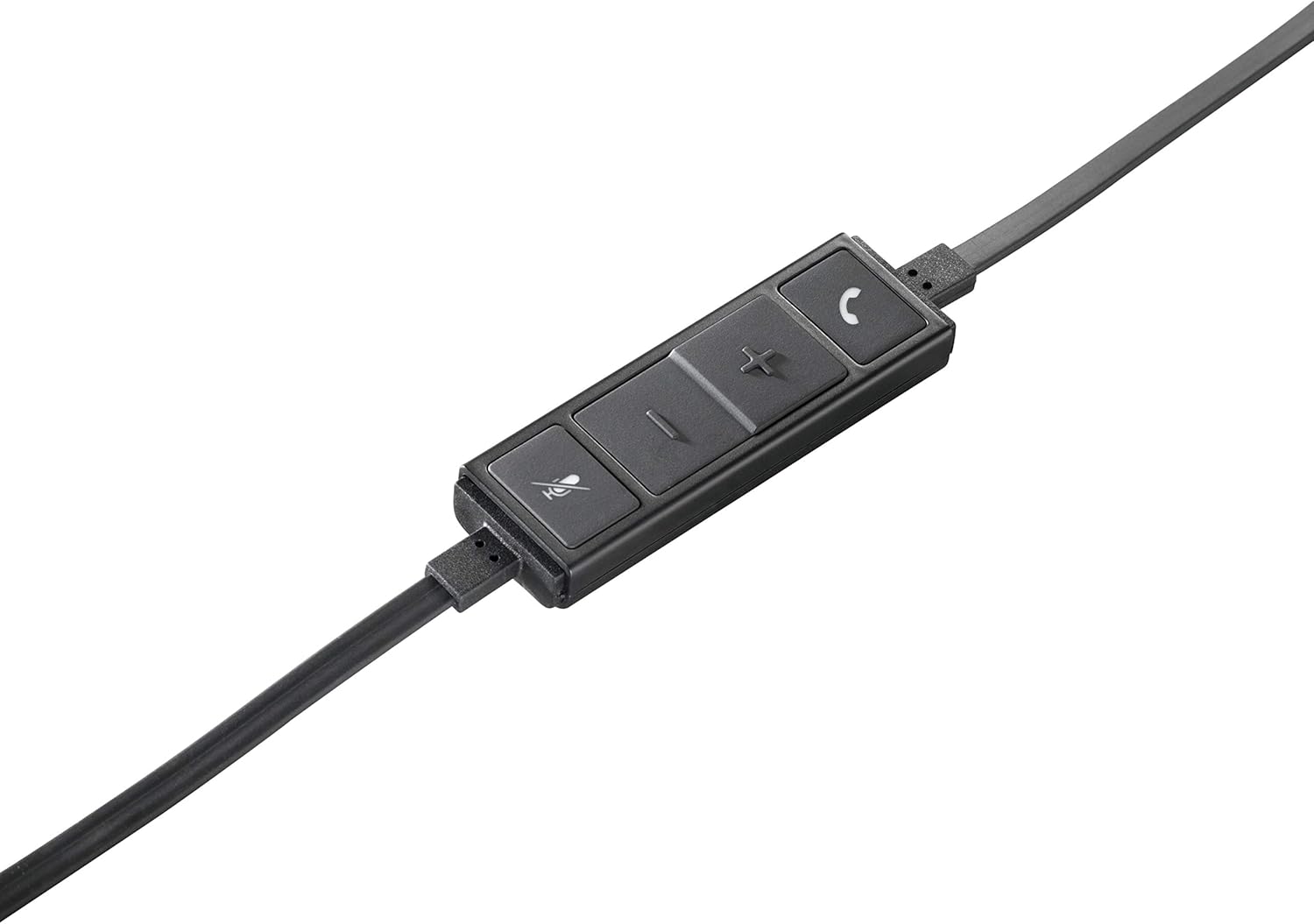 Black inline control panel on wired headset cable with buttons