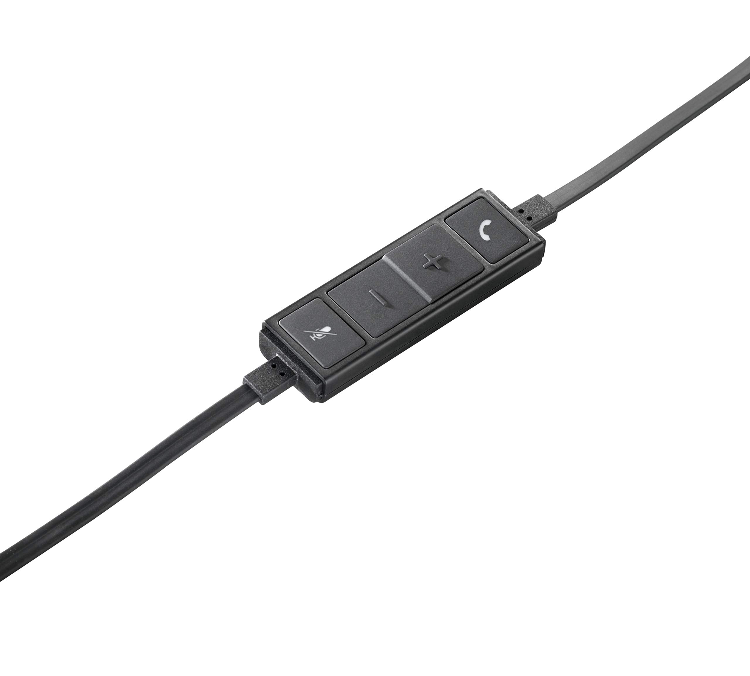 Black inline control panel on wired headset cable with buttons and connector