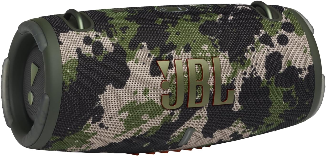 Portable waterproof Bluetooth speaker with JBL logo on camo fabric side and end grips