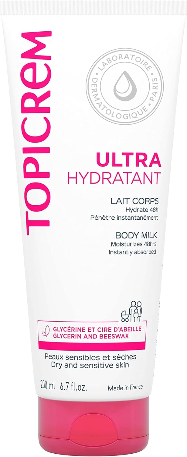 Topicrem Ultra Hydratant body milk lotion bottle with pink pump and front label