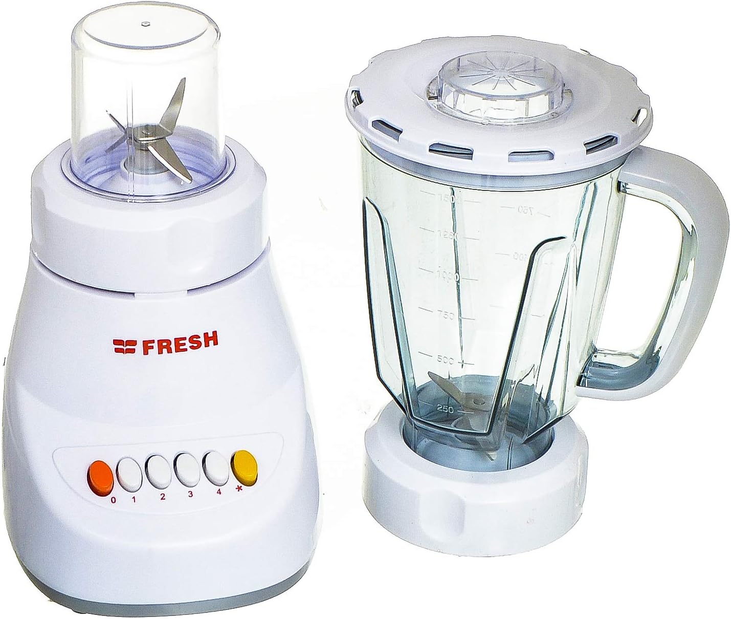 White Fresh blender with glass jar, lid, and side handle